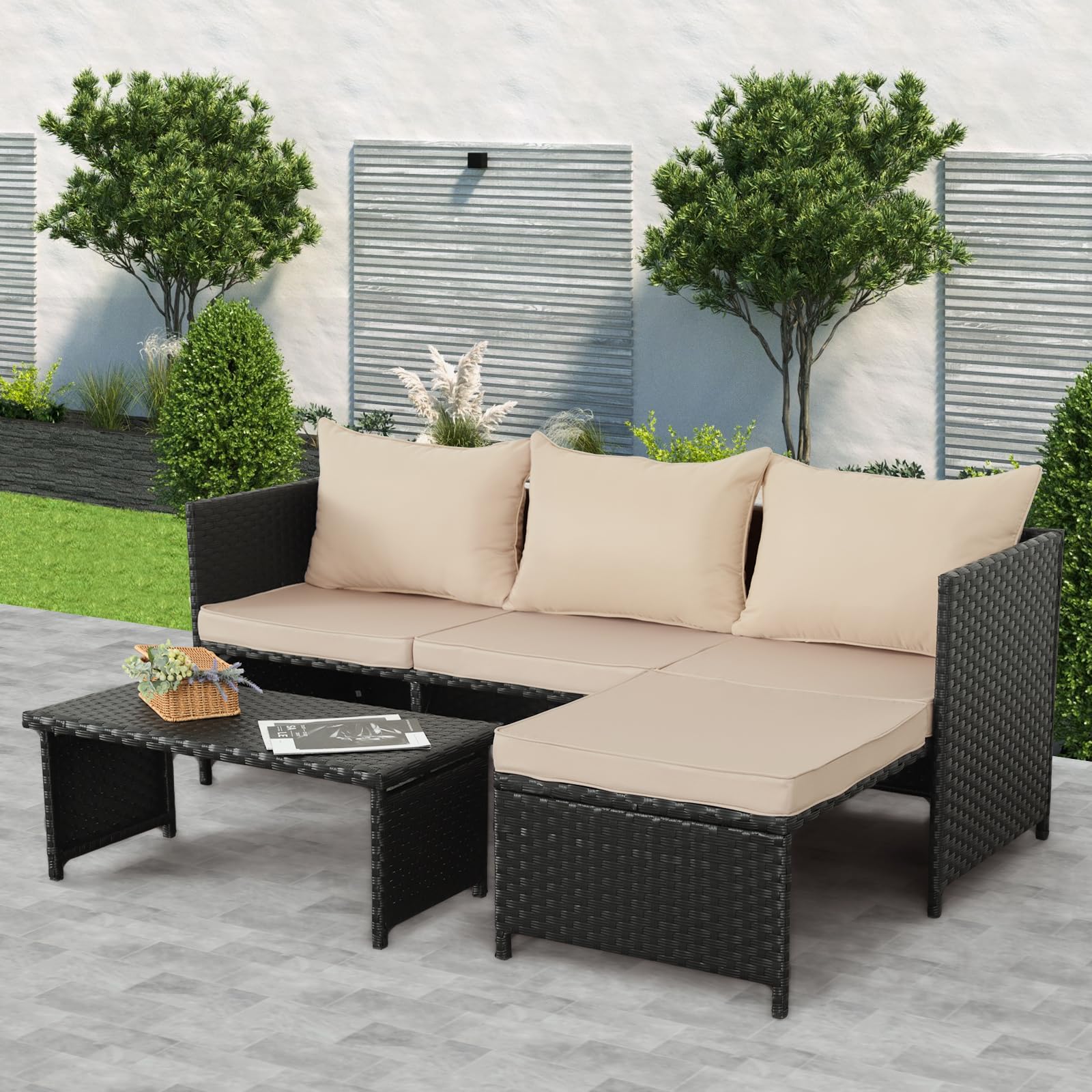 3-Piece Outdoor Wicker Conversation Set with Cushions