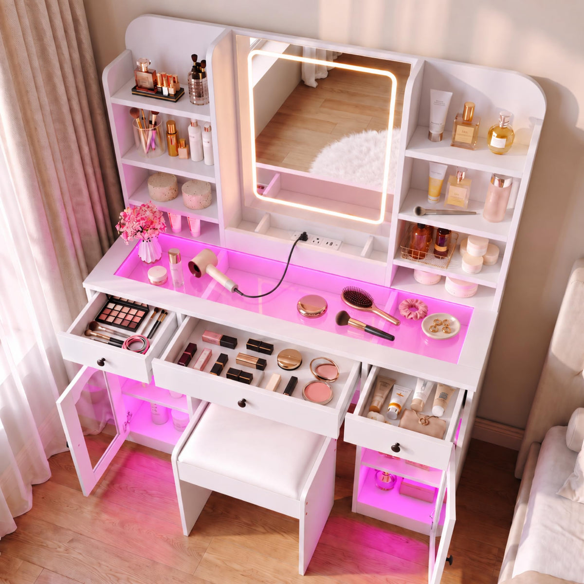 White Glass Top LED Makeup Vanity