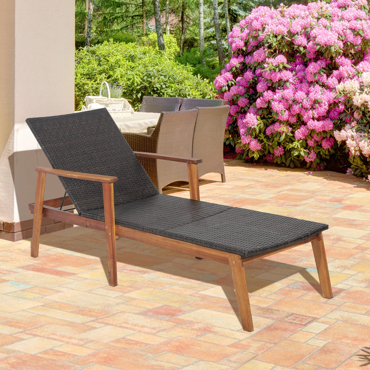 HAPPYGRILL Patio Chaise Lounge Chair, Outdoor Rattan Recliner with 4-Level Adjustable Backrest, Solid Acacia Wood Frame, Ergonomic Lounge Chair for Backyard Poolside Balcony
