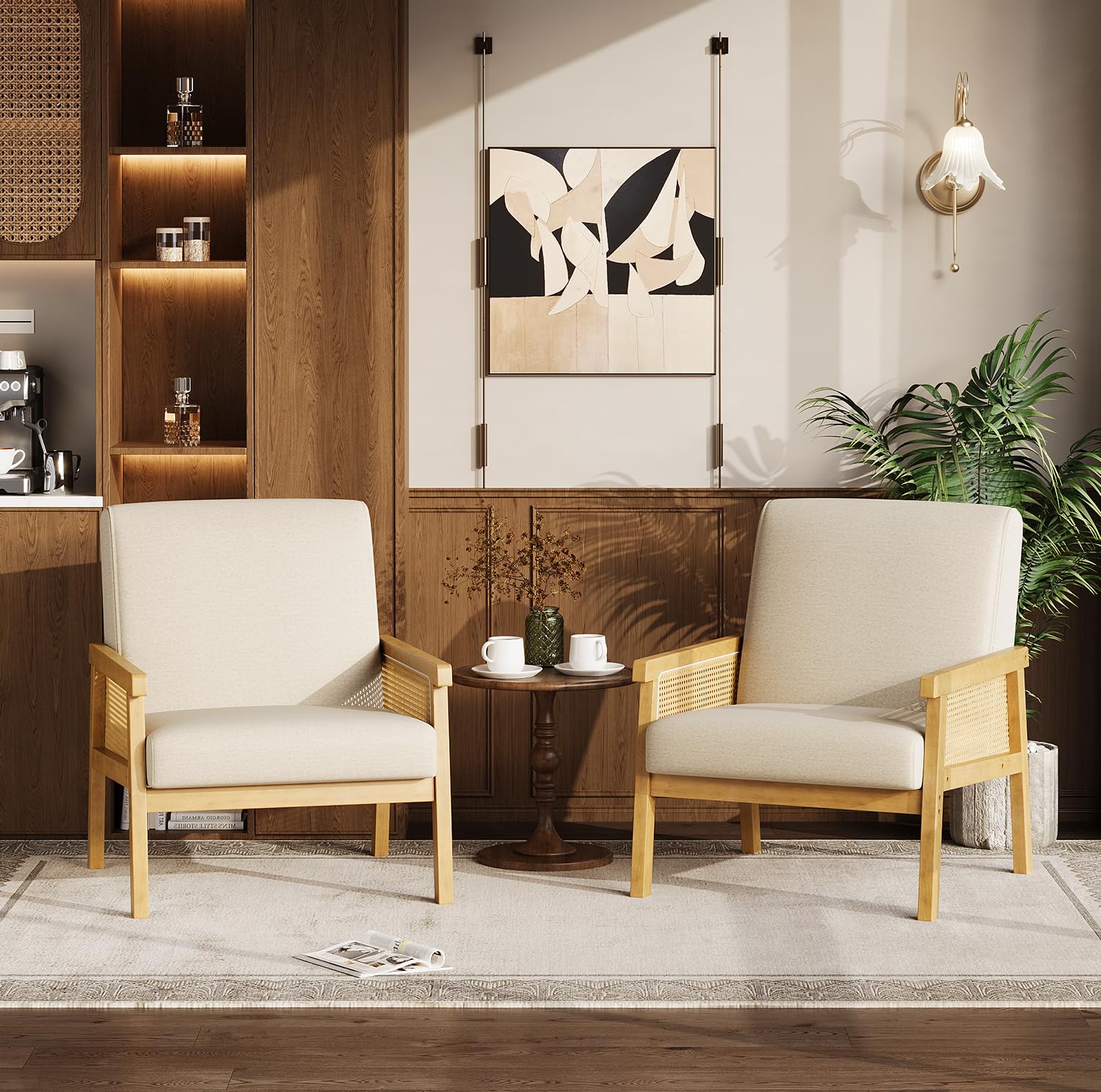 Rattan Accent Chair with High Back & Wooden Frame
