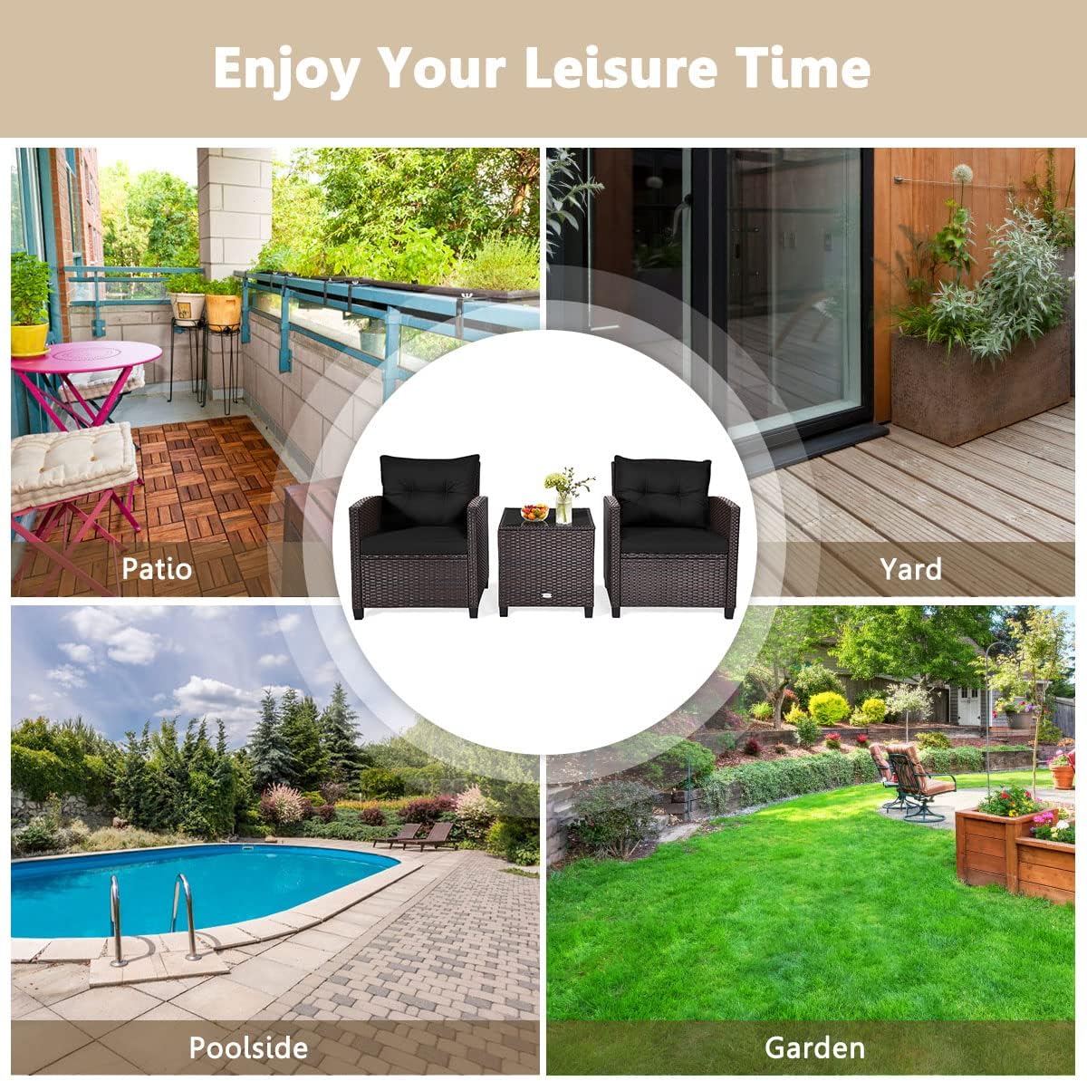 3-Piece Outdoor Rattan Conversation Set with Cushions & Glass Table
