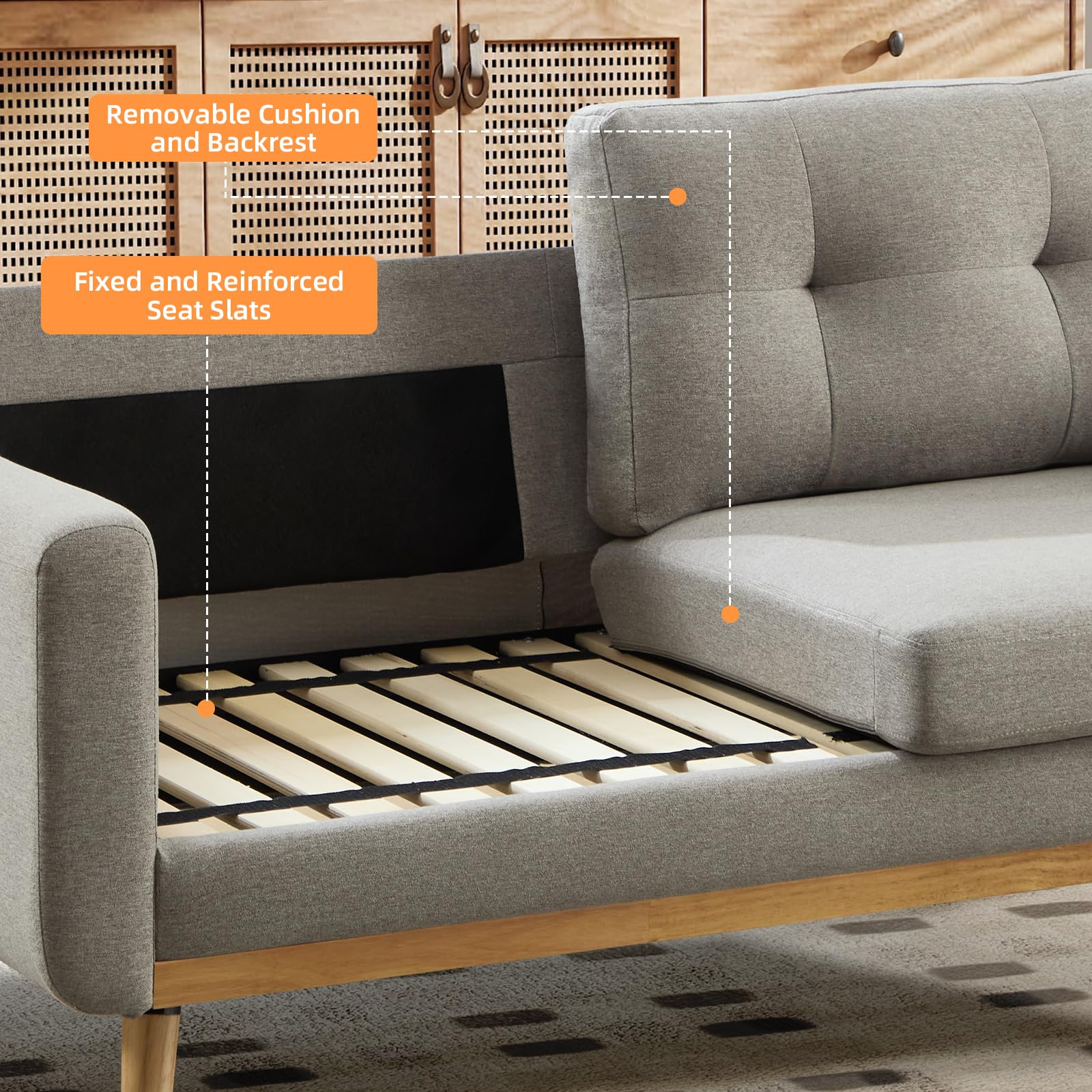 Bonzy Home 65.4" Loveseat Sofa, Small Couches for Small Spaces with 2-Seat Upholstered Cushion, Mid Century Modern Sofa for Bedroom, Living Room, Apartment, Office, Gray