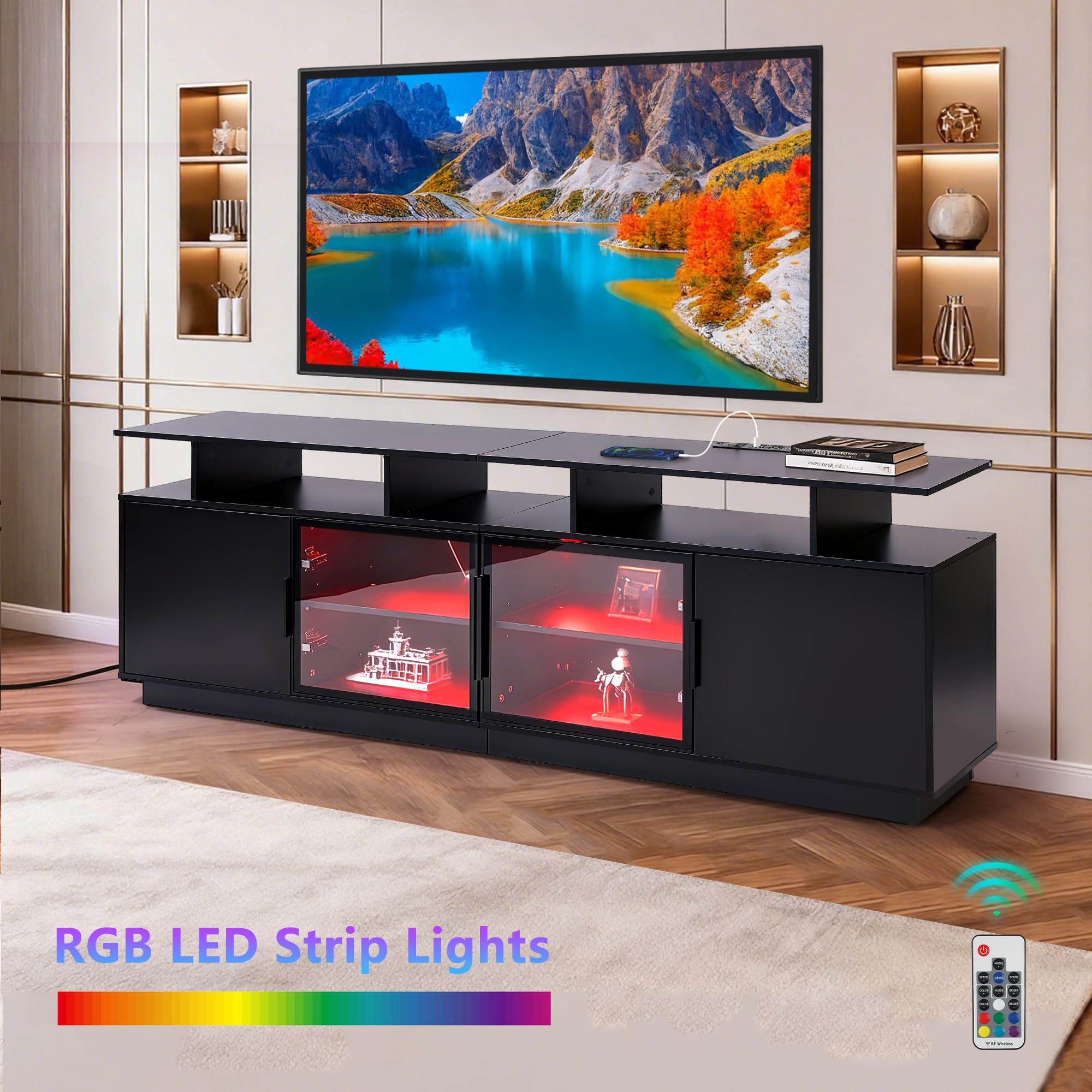 70" LED TV Stand with Glass Doors & Charging Station