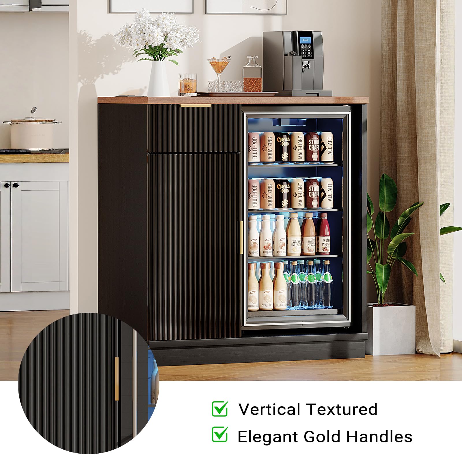 Naga Bahna Coffee Bar Cabinet with Fridge Space, Mini Fridge Cabinet with Power Outlet, Fluted Buffet Sideboard with Drawer & Adjustable Shelf for Home, Kitchen, Dining Room, Black