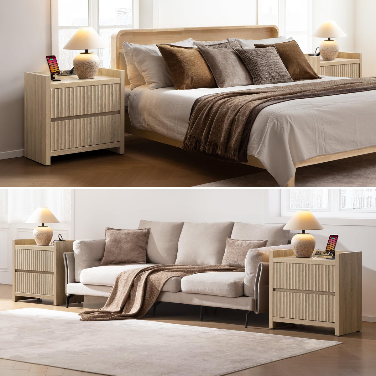 Fluted Nightstand Set with Charging Station