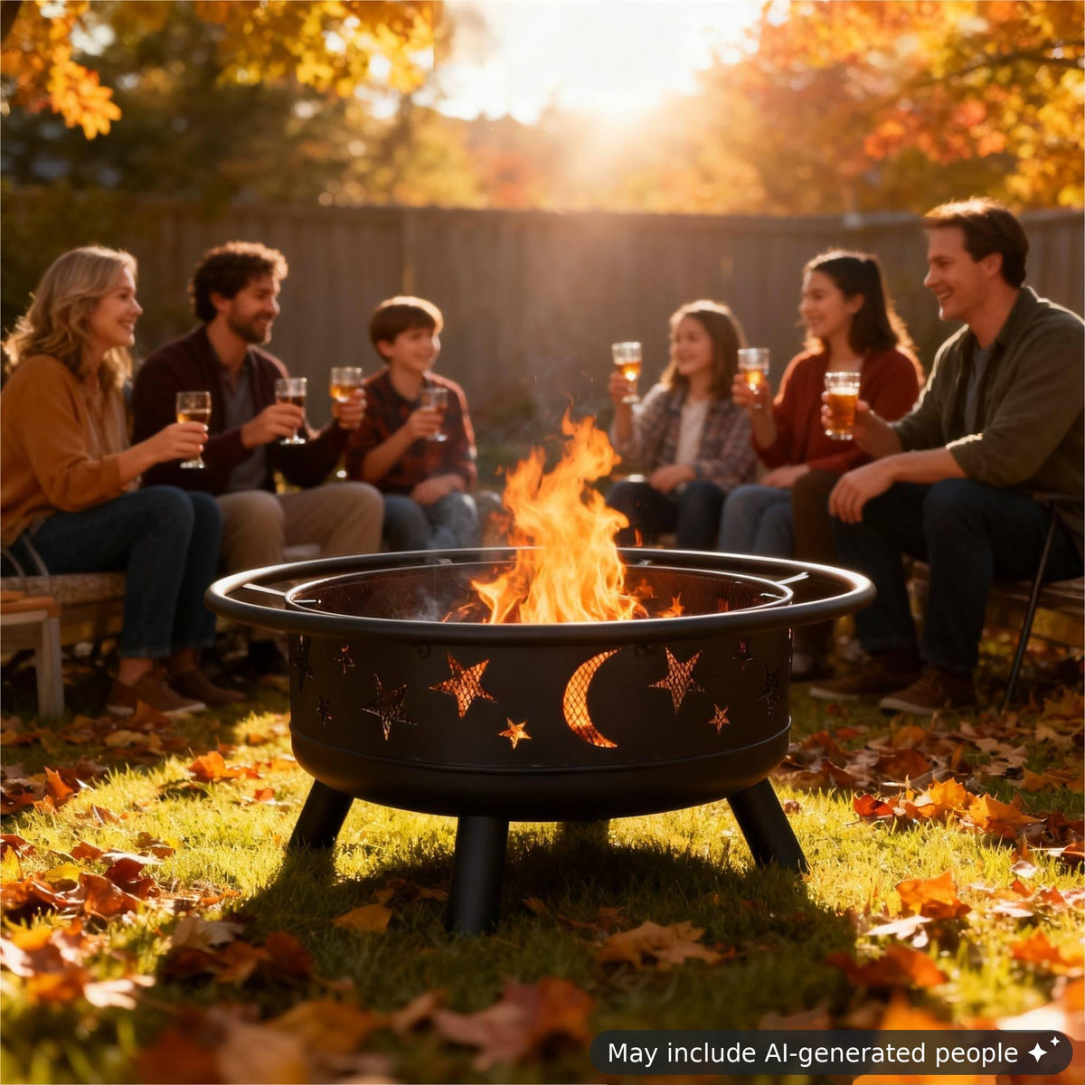 Grovellis 38-Inch Round Wood-Burning Fire Pit with Mesh Cover and Poker