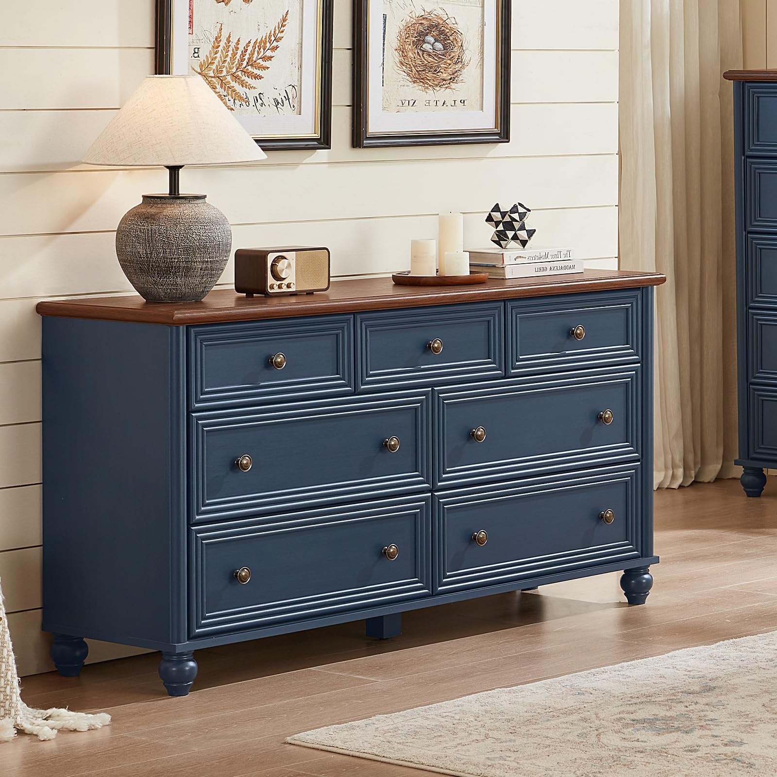 RWYHG Farmhouse Dressers and Nightstand Set of 2, Wood 54" Wide 7 Drawer Dresser 14'' Narrow Side Table with Charging Station, Roman Column Bedroom Furniture Dressers Sets for Home Living Room Hallway