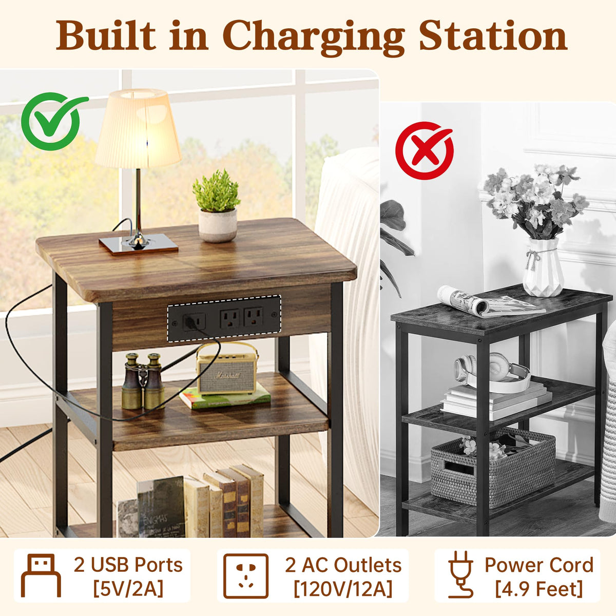 AWQM 3 Piece Coffee Table Set,End Table with Charging Station(Walnut)