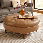 HULALA HOME 40" Genuine Leather Coffee Table with Rolling Wheels, Camel