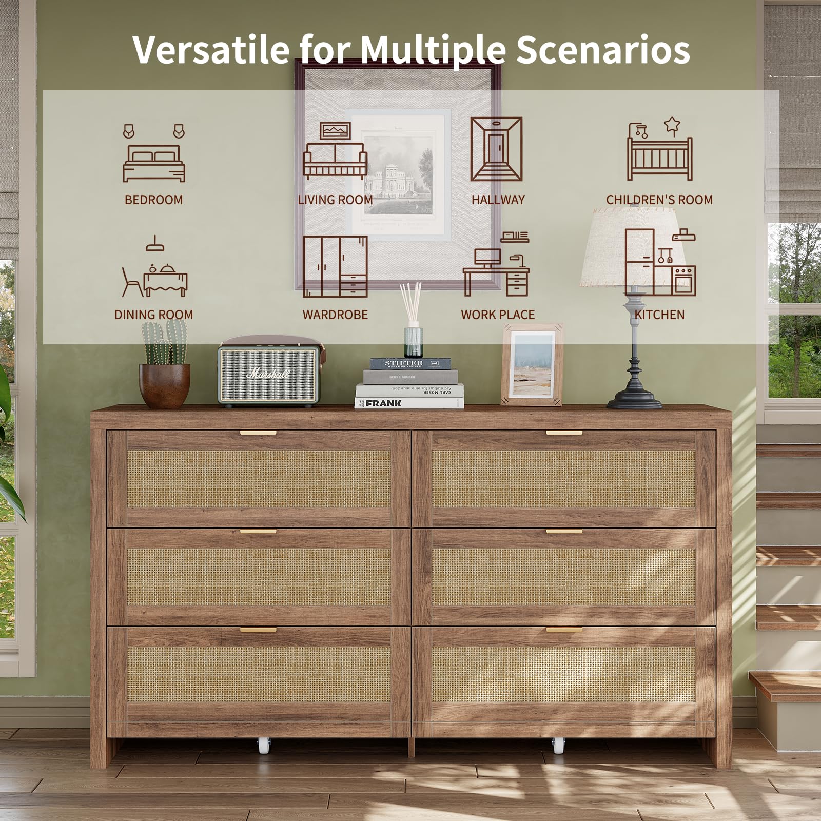 Cozynome 6 Drawers Dresser for Bedroom, 57” Rattan Dresser with Ample Storage, Boho Chest of Drawers, Wooden Dresser with Metal Handle, Rattan Dresser for Closet, Living Room, Entryway, Natural