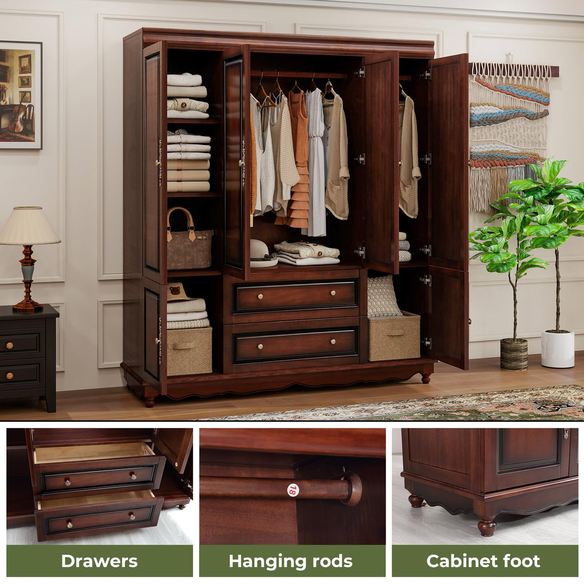 TemkTuek Solid Wood Armoire:Wardrobe Closet with Drawers and Hanging Rod