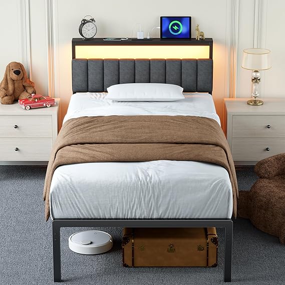 Metal Bed Frame with LED Headboard & Charging Station