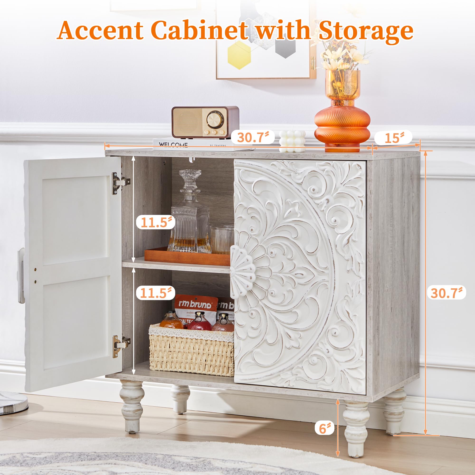 Vintage French Style Storage Cabinet with Carved Doors
