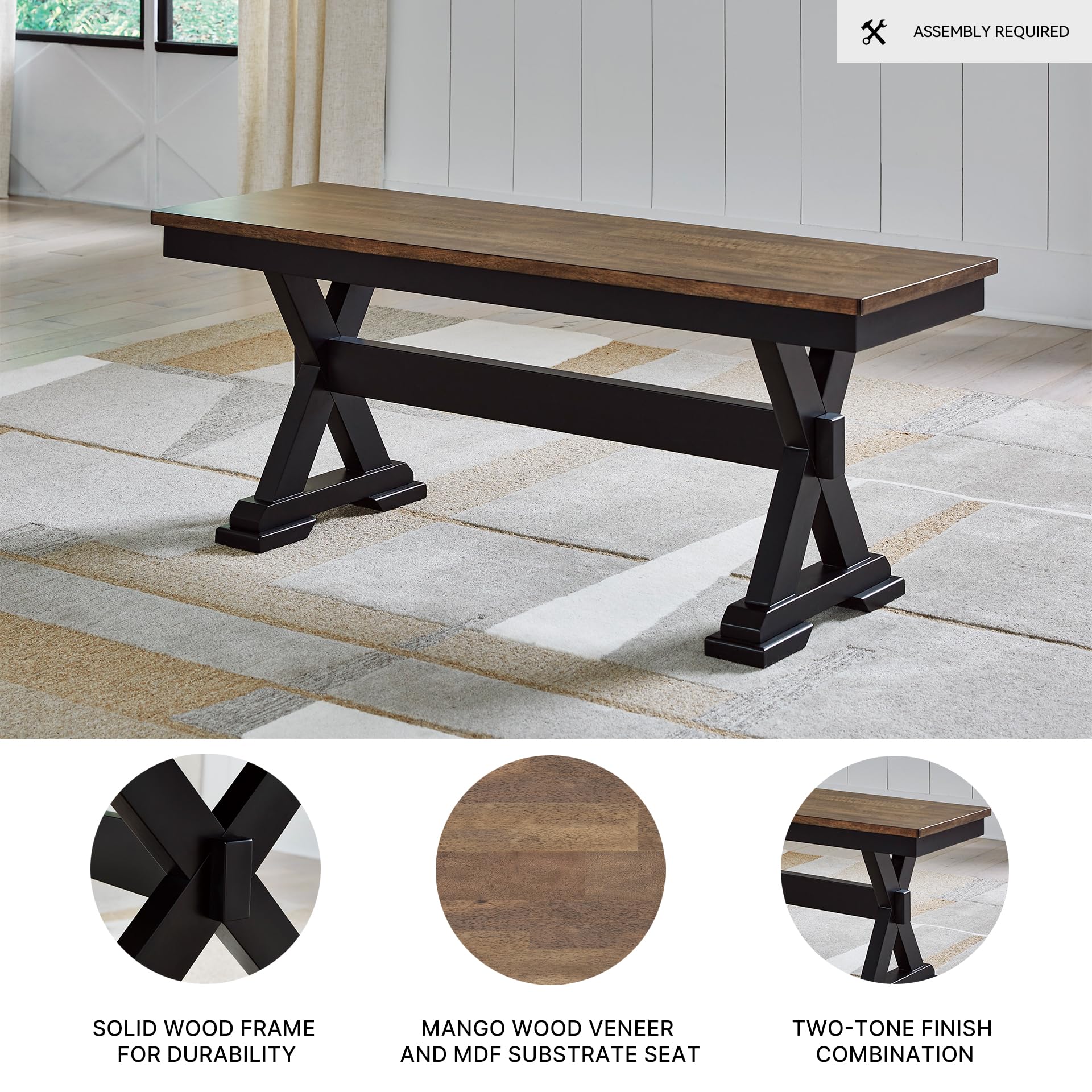 Farmhouse Dining Bench – Dark Brown & Black
