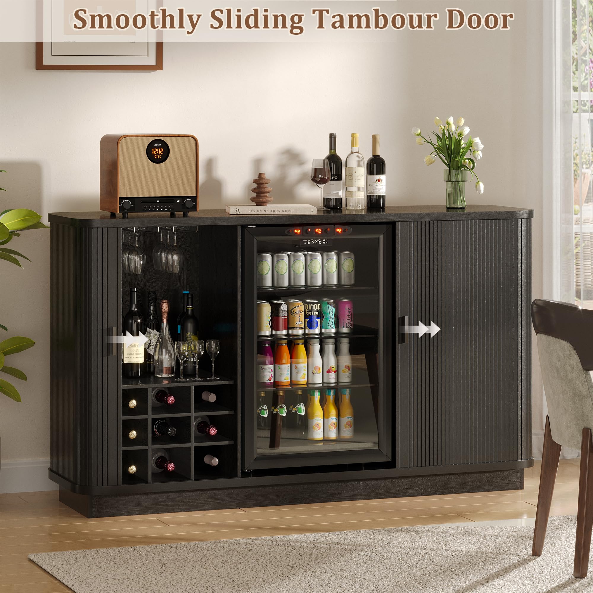Lurinthal Coffee Bar Cabinet with Fridge Space, Liquor Wine Bar Cabinets with Wine Rack and Glass Holder, Mini Fridge Cabinet with Storage, Fluted Buffet Sideboard for Living Room, Home, Kitchen