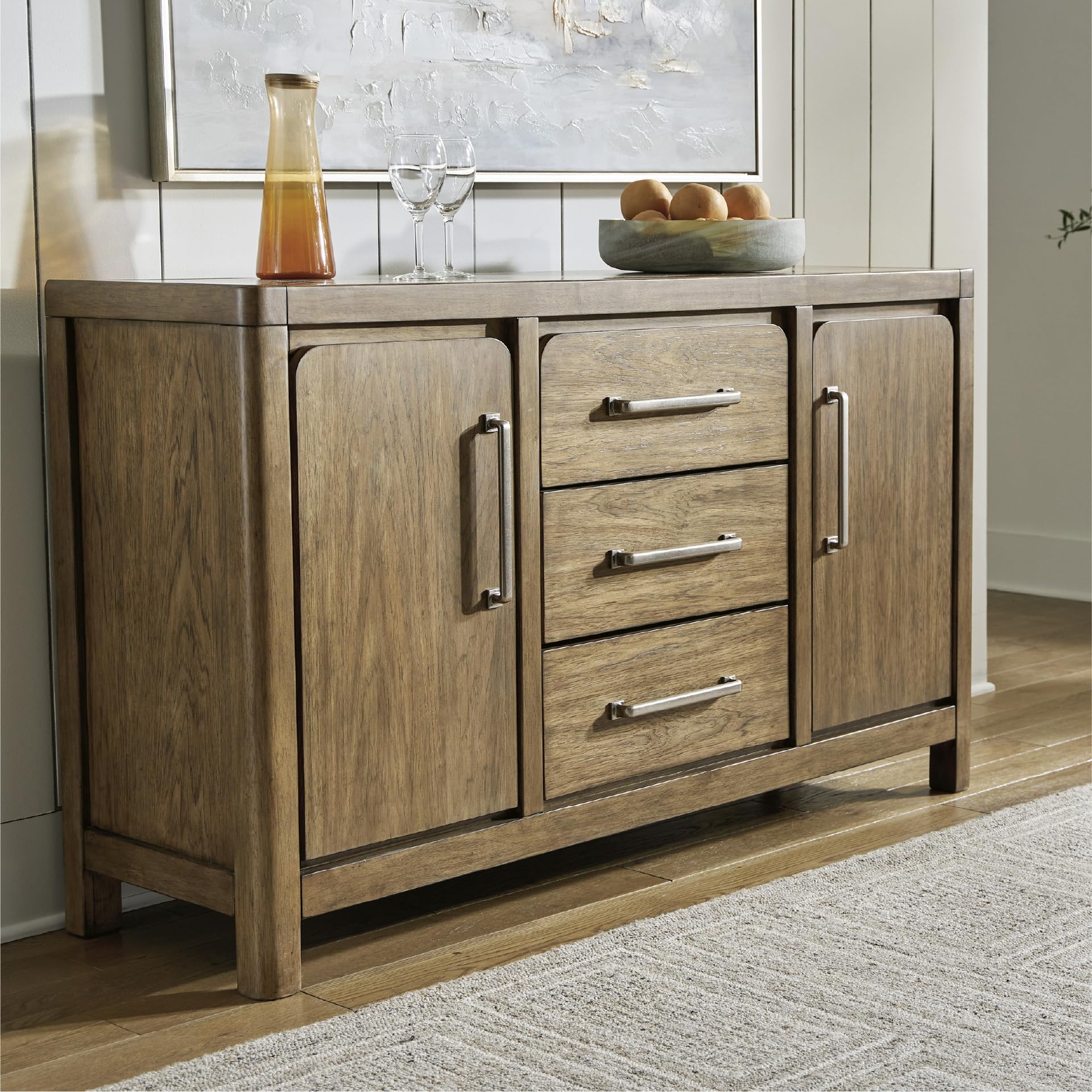 Signature Design by Ashley Cabalynn Farmhouse Glazed 2-Door Dining Server with Adjustable Shelves and 3 Drawers, Light Brown