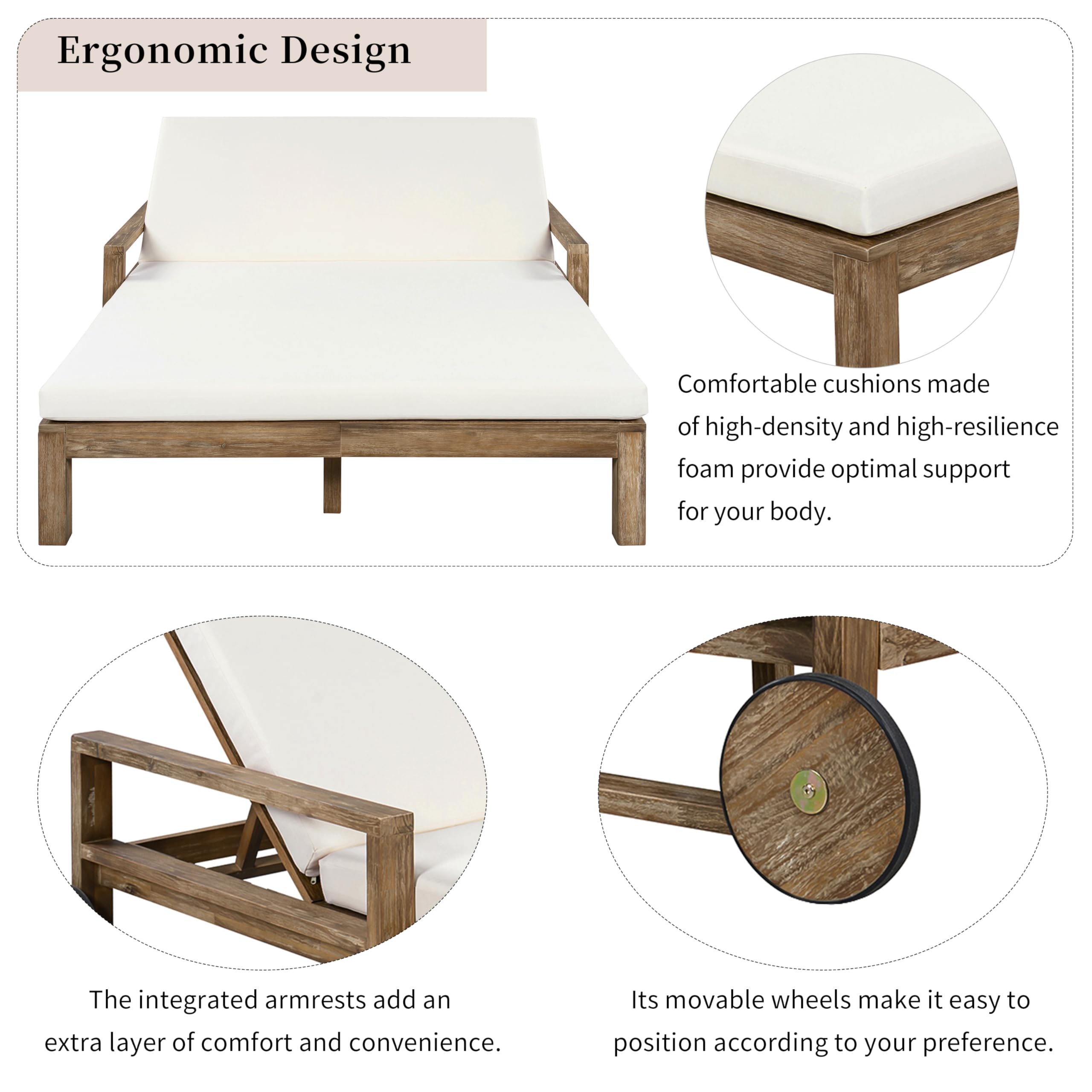 Merax Acacia Wood Outdoor Daybed Sofa, Farmhouse Patio Sun Lounger with Adjustable Backrest, High-Density Cushions & Removable Wheels, Weather Resistant for Garden, Poolside, Backyard, Beige