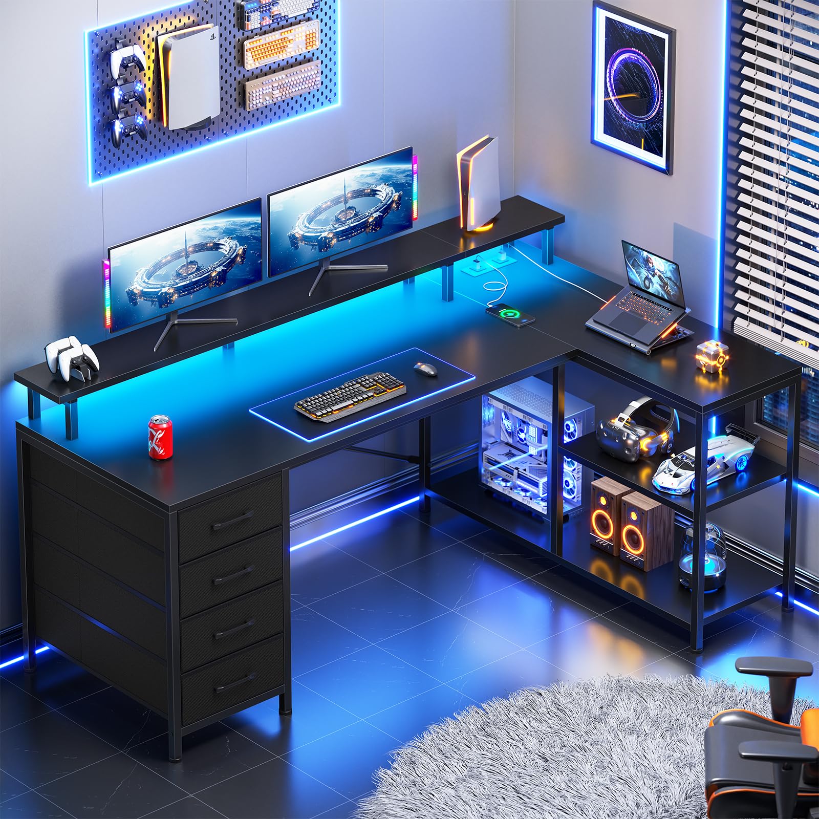L-Shaped Desk with 4 Drawers, LED Lights & Power Outlet, 47 Inch
