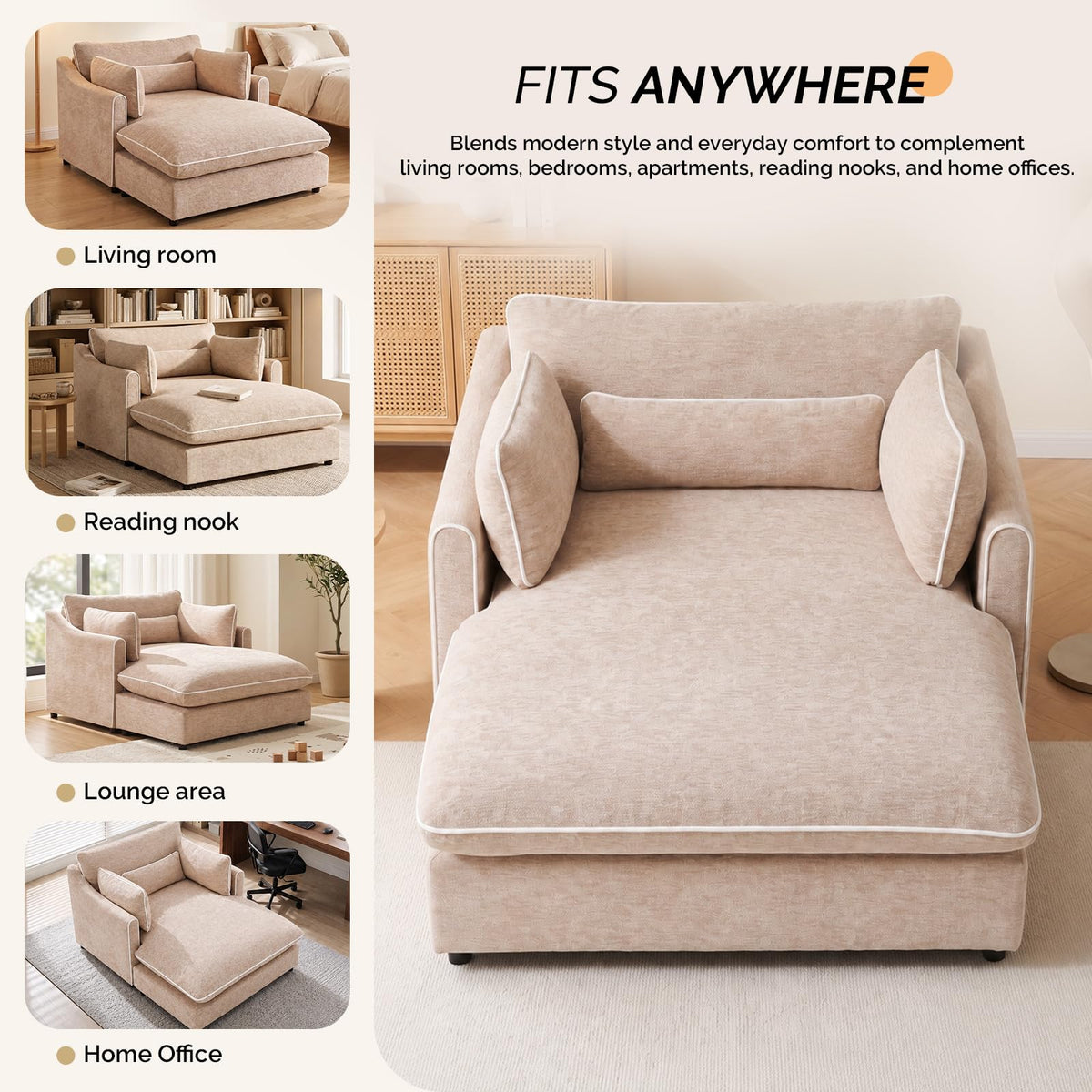 VINGLI Oversized Chaise Lounge Chair Indoor, Modern Sleeper Sofa Chair Bed