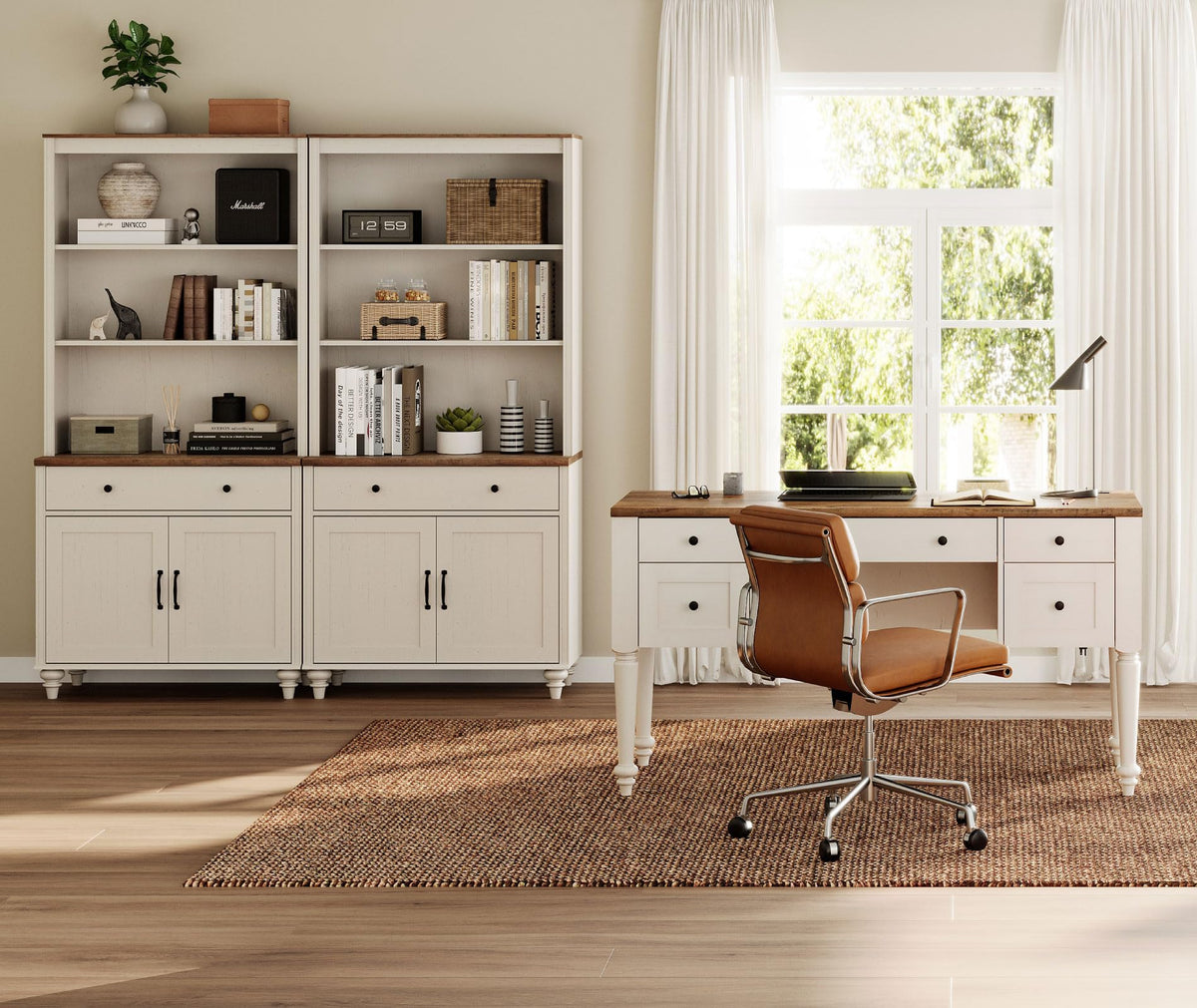 WAMPAT Home Office Furniture Set, 56" Executive Desk with Charging Station, 72" Tall Bookcase with 4 Doors and 2 Drawers, Wood Computer Desk with File Cabinet Storage, Open Shelf, White