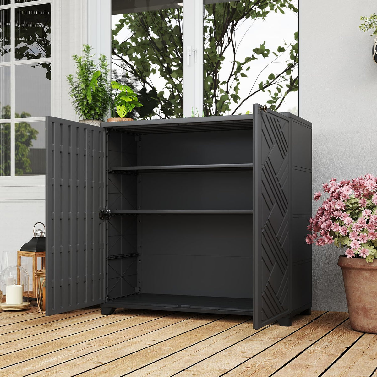 HOMSPARK Indoor/Outdoor Storage Cabinet with Doors and 2 Metal Shelves, 34”x15”x34” HDPE Plastic Storage Box for Patio, Garden, Enterway, Balcony, Multi-Purpose for Daily Tools, Black