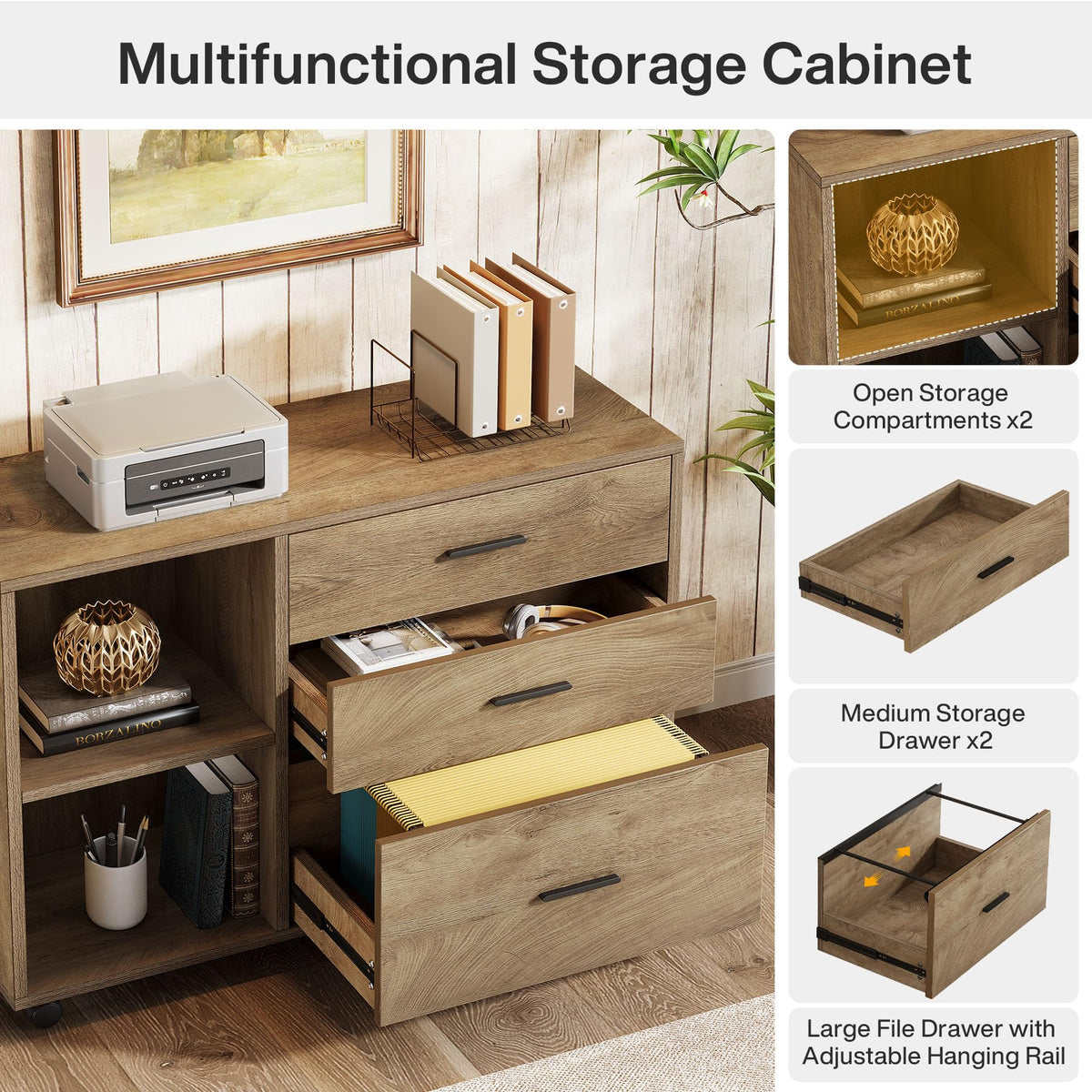 Tribesigns 63" L Shaped Desk with File Cabinet, Large Executive Office Desk with Rolling Filing Cabinet, Long Computer Table with Drawers and Shelves, Business Furniture Set for Home Office, Brown