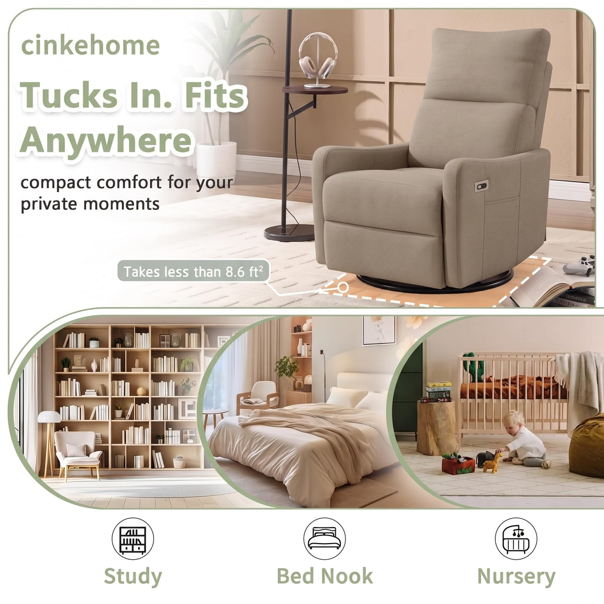 cinkehome Small Power Swivel Rocker Recliner, Glider Chair for Nursery