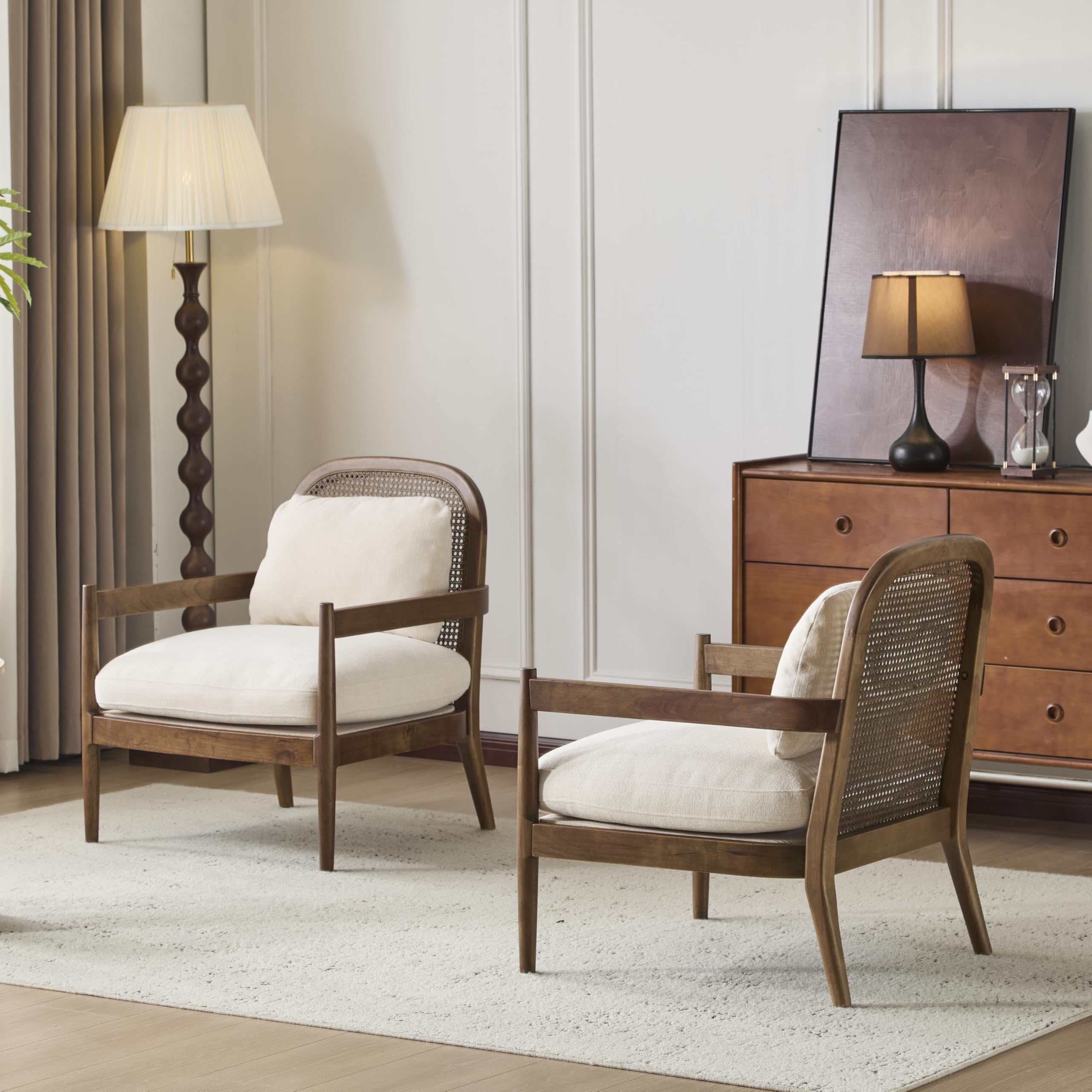 Mid-Century Club Chair Set of 2 with Rattan Back