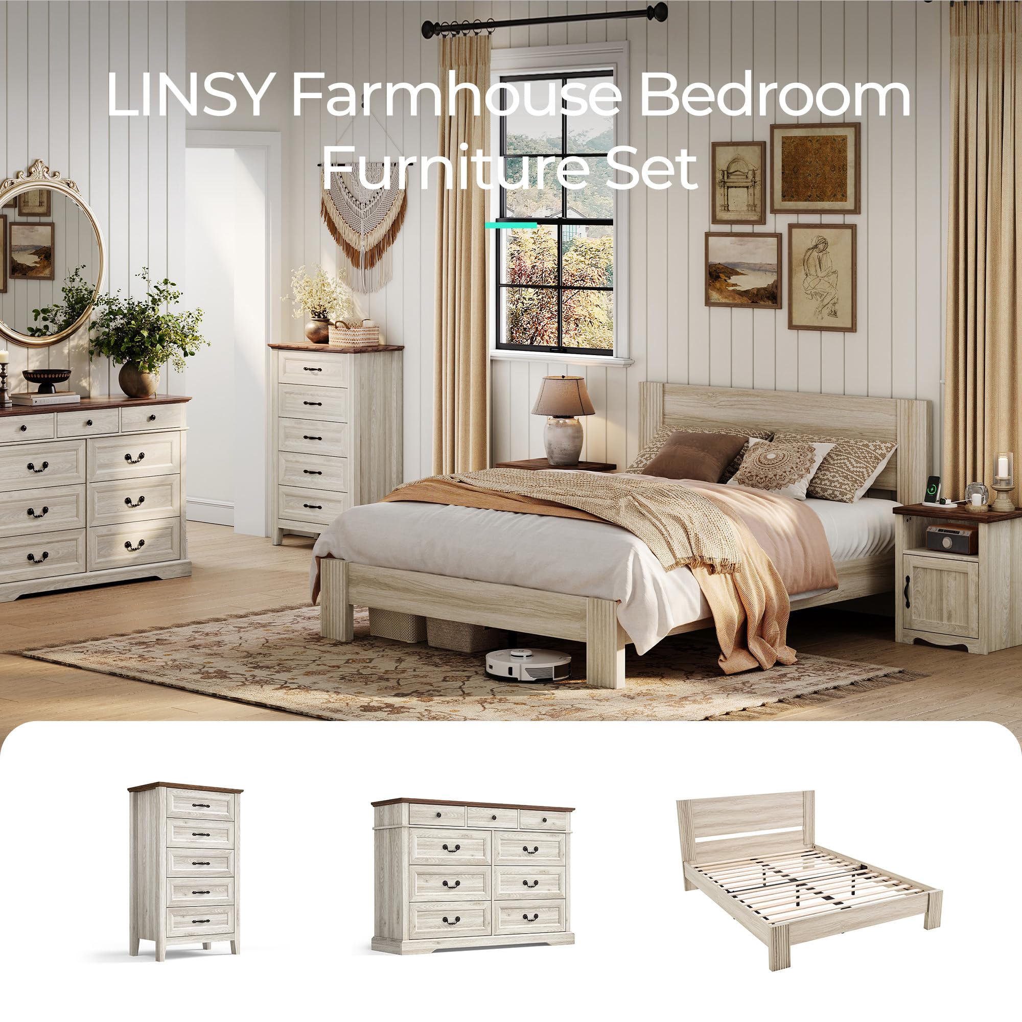 LINSY Farmhouse Night Stand Set of 2, 18.9” Wood End Table with Charging Station, Side Table for Bedroom, Living Room, Couch with USB Ports and Outlets, Nightstand with Storage, Beige