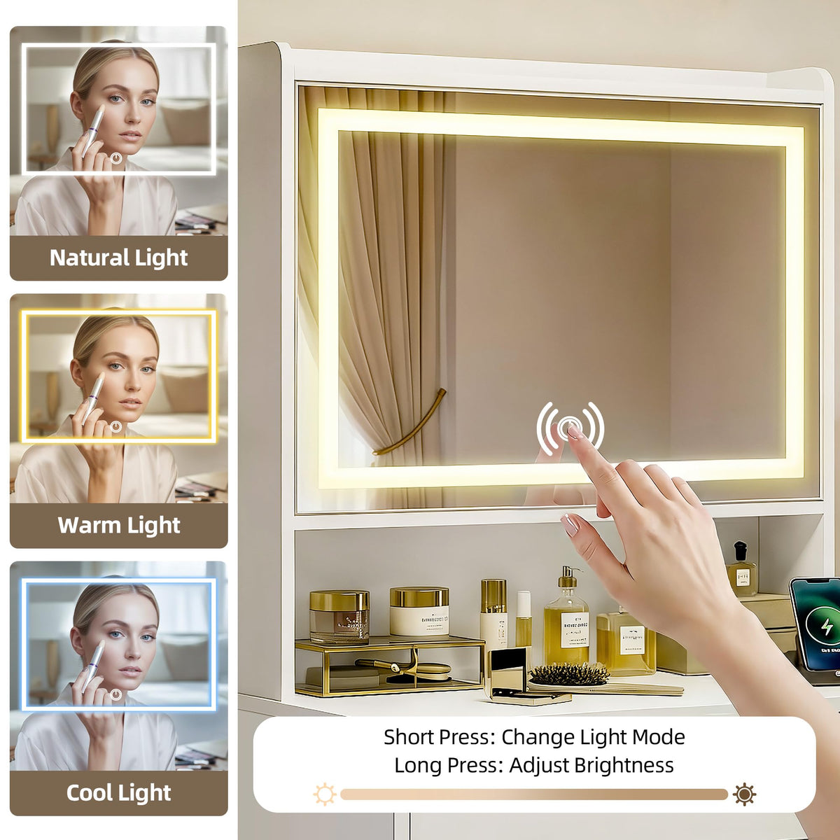 RIHHA Small Vanity Desk with Lighted Mirror & Charging Station, 24" White Makeup Vanity Table Set with Top Shelf & Hidden Storage, Compact Mini Dressing Desk with Stool for Bedroom, Girls, Teens