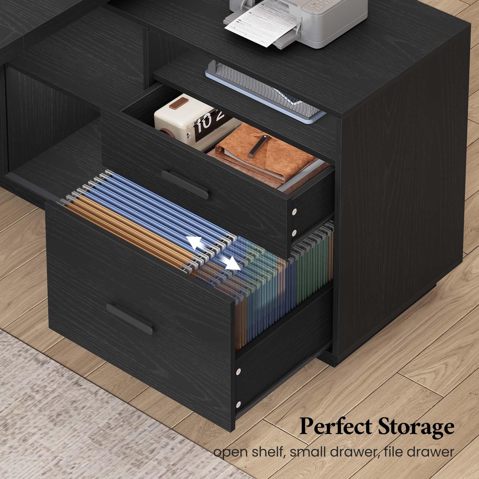 ANGRYWIN 78" L Shaped Executive Desk with Power Outlets, Large Storage Drawers & File Cabinet for Home Office, Modern Computer Desk with Shelves, Black Business Furniture