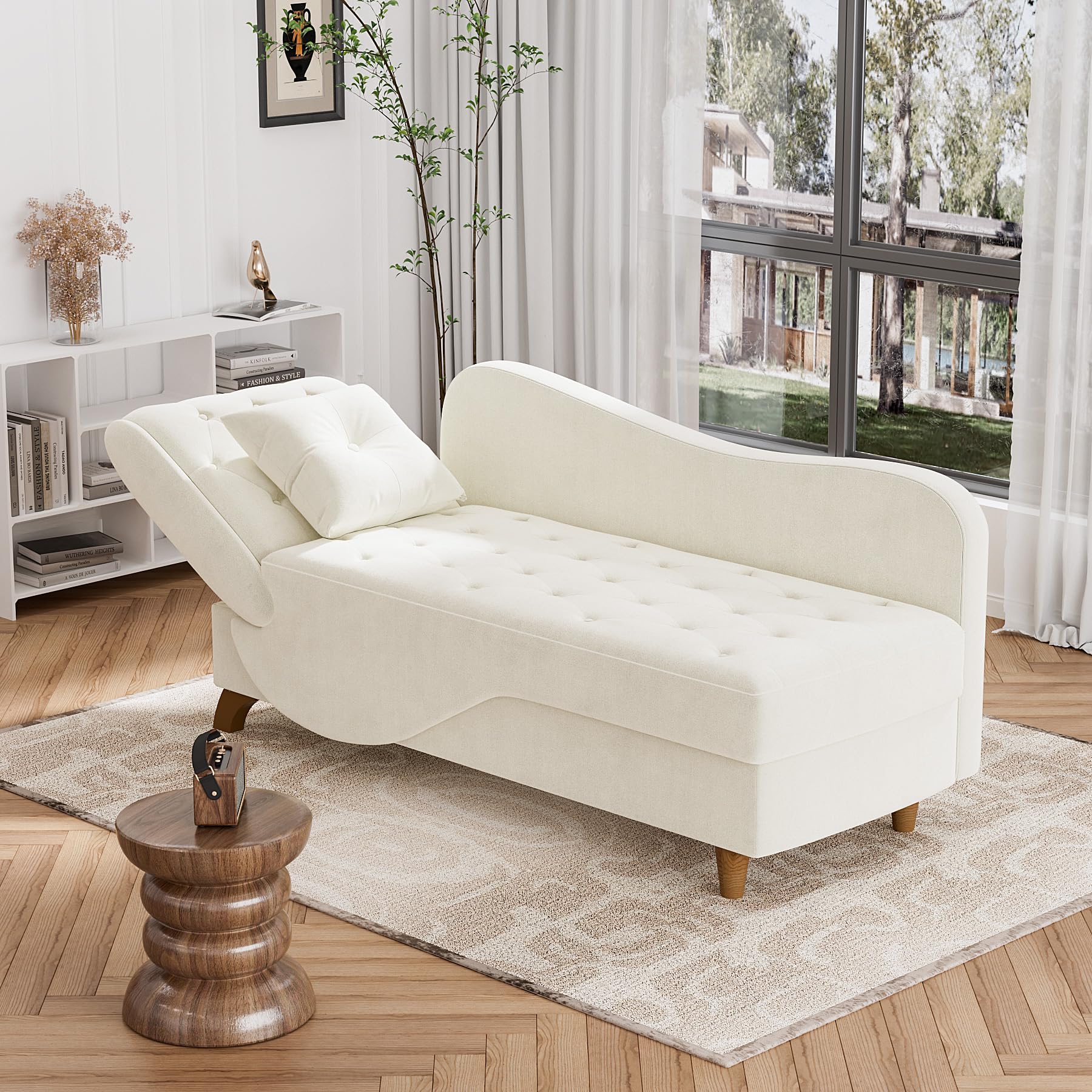 DAMAIFROM Chaise Lounge Chair Indoor with Storage, Adjustable Backrest Recling Reading Chair Sleeper Sofa Bed with Pillow, 3 in 1 Velvet Futon Lounge Chair for Living Room Bedroom, Beige White