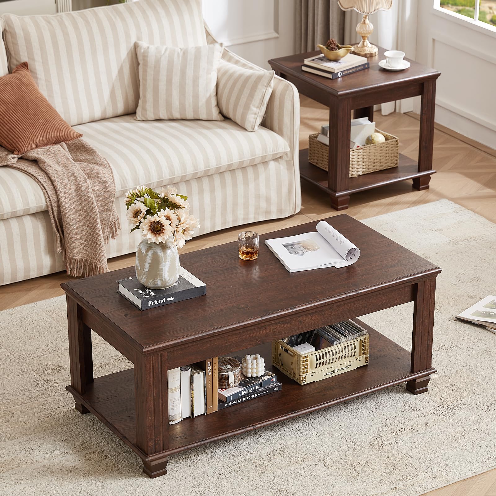 Farmhouse Coffee Table Set of 3 with Open Shelf