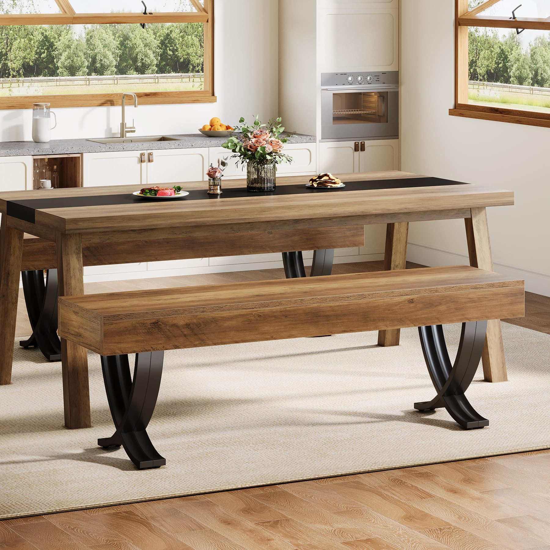 55-Inch Farmhouse Dining Bench with Metal X-Shaped Legs