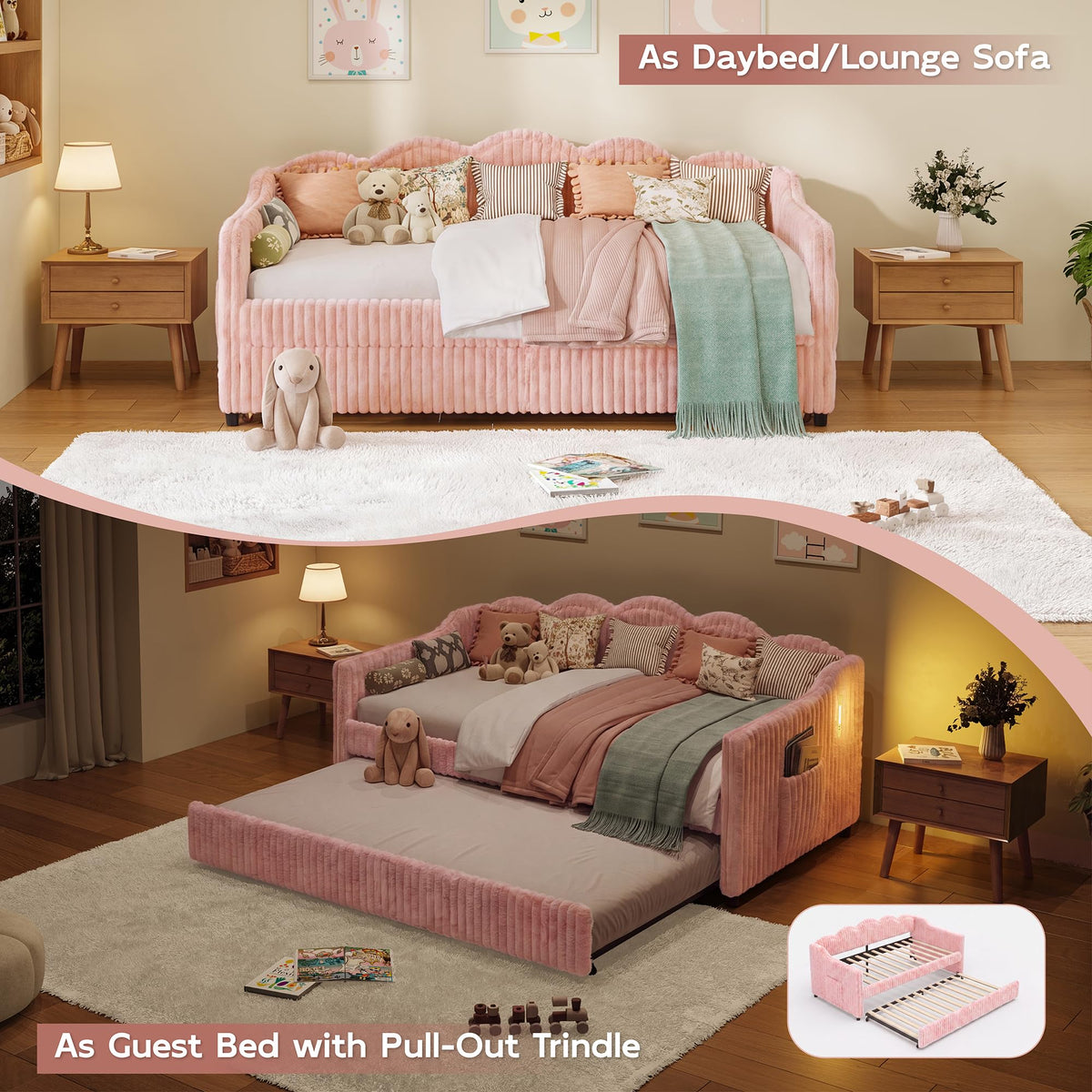 Twin Size Faux Fur Upholstered Daybed with Trundle, Side Pockets, Pink