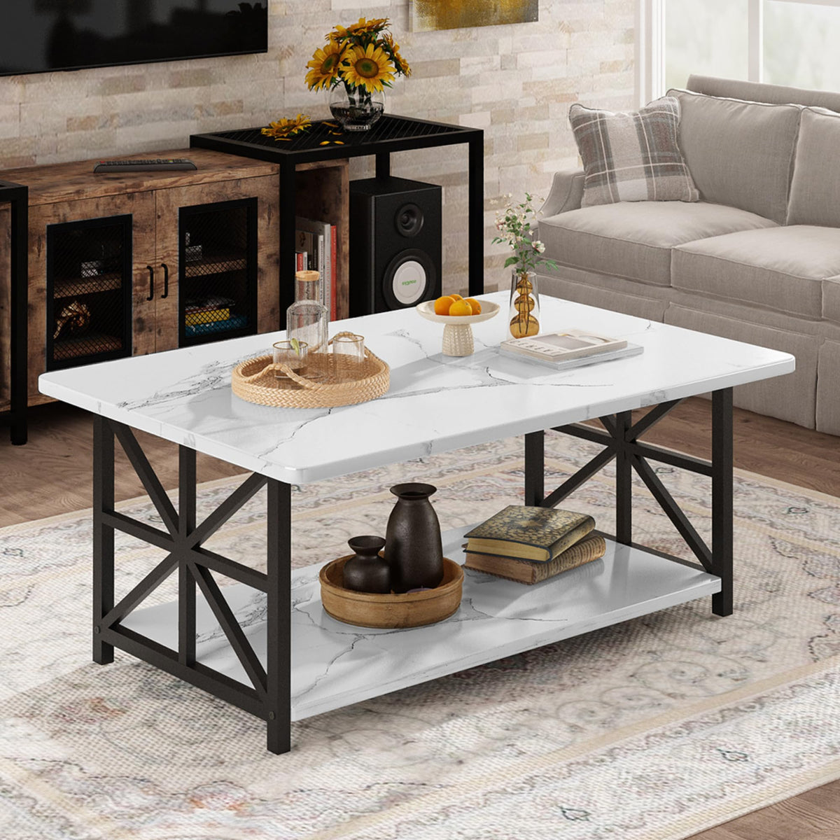 AWQM Faux Marble Coffee Table for Living Room with Round Corners,2 Tier Living Room Table with Storage Shelf,Rectangular Coffee Table Center Table for Small Spaces,White