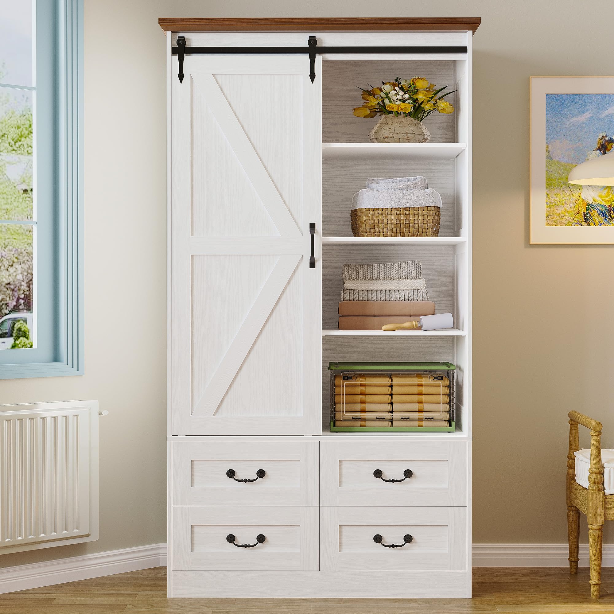 Sliding Barn Door Wardrobe with Drawers & Hanging Rod