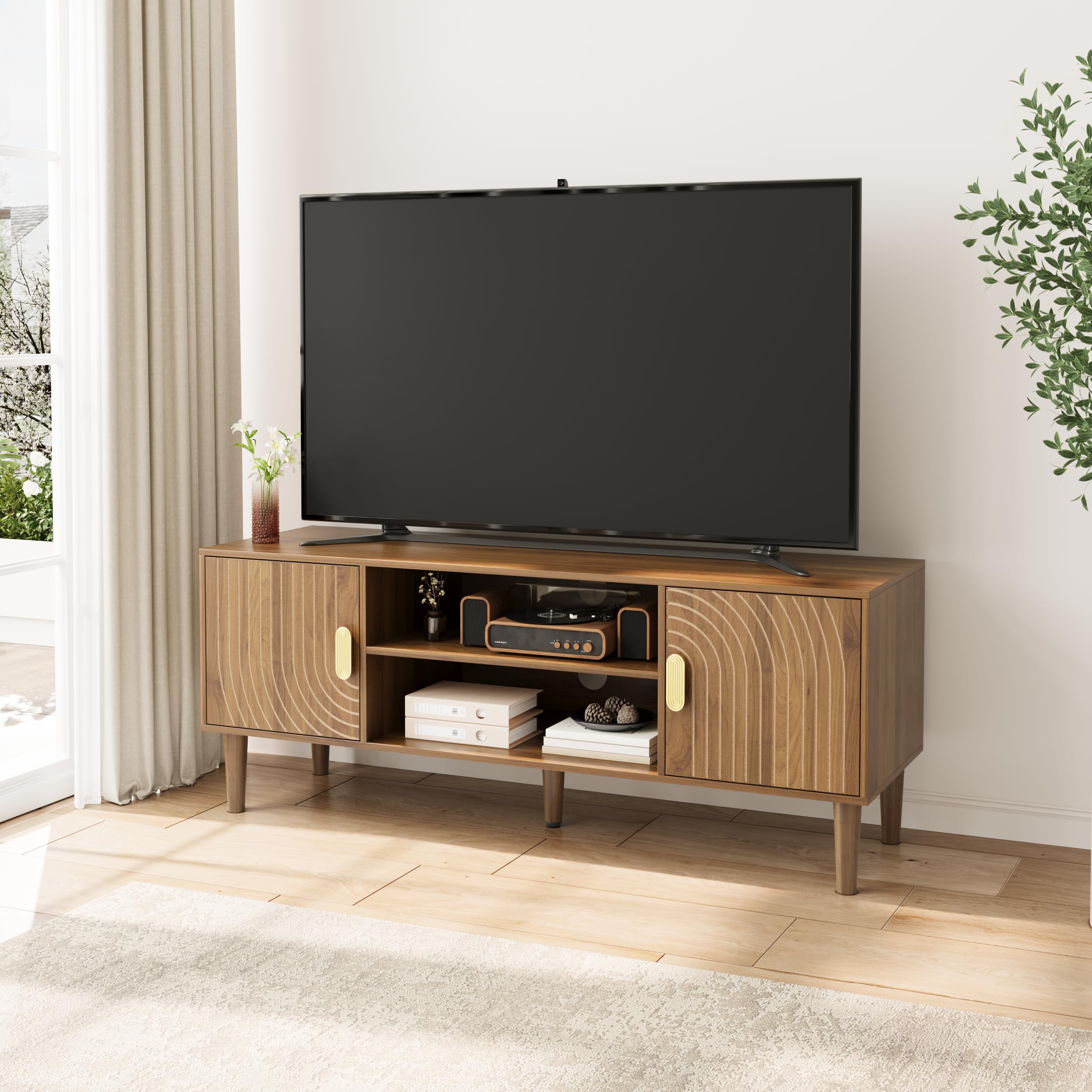 Smuxee Walnut TV Stand with Line Groove Design, 47.2" Mid Century Modern TV Media Console for TVs up to 55", TV Cabinet with Adjustable Shelf & 2 Cabinets for Living Room