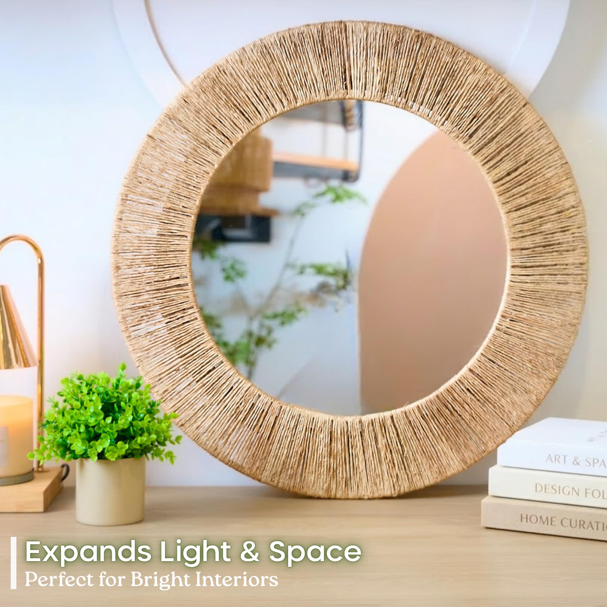 24-Inch Round Jute Wall Mirror with Metal Frame