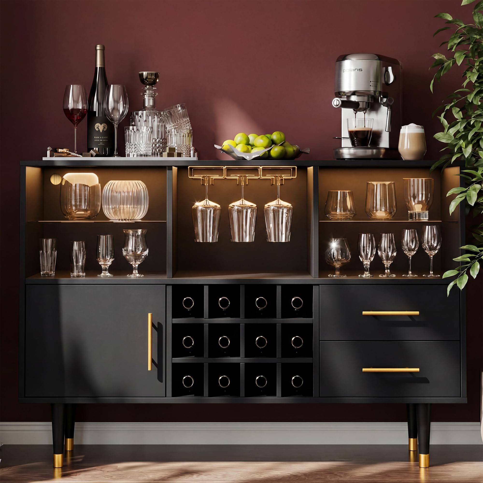LARMACE 47.2" Modern Wine Bar Cabinet with LED Lights, Liquor Cabinet with Doors and Storage, Coffee Bar Station and Buffet Sideboard for Home Bar,Kitchen,Living Room,Black