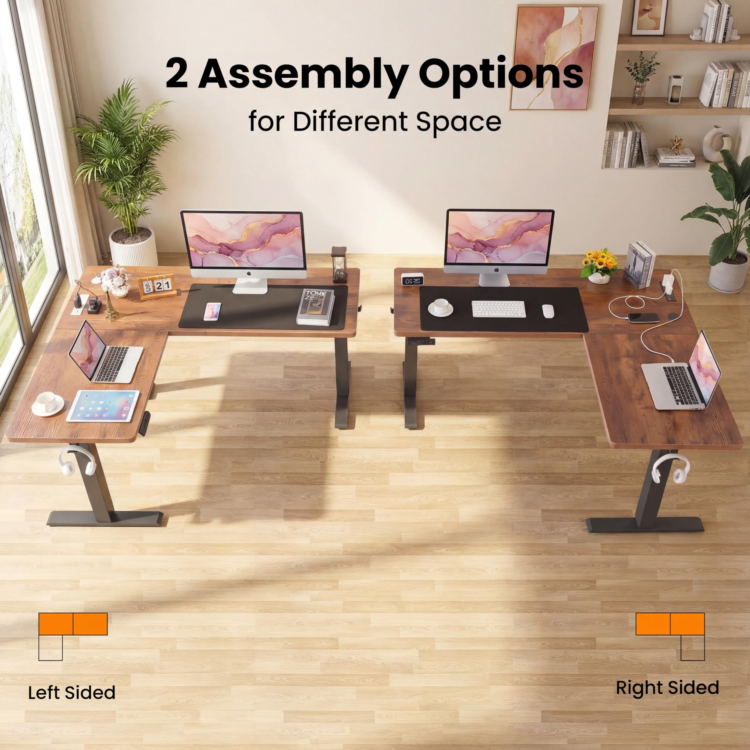 farexon 63x55 Inch L Shaped Standing Desk with Outlets, Electric Adjustable Height Stand Up Desk, Corner sit Stand Desk with Mouse Pad, Hook, Home Office Writing Gaming Computer Workstation,Brown