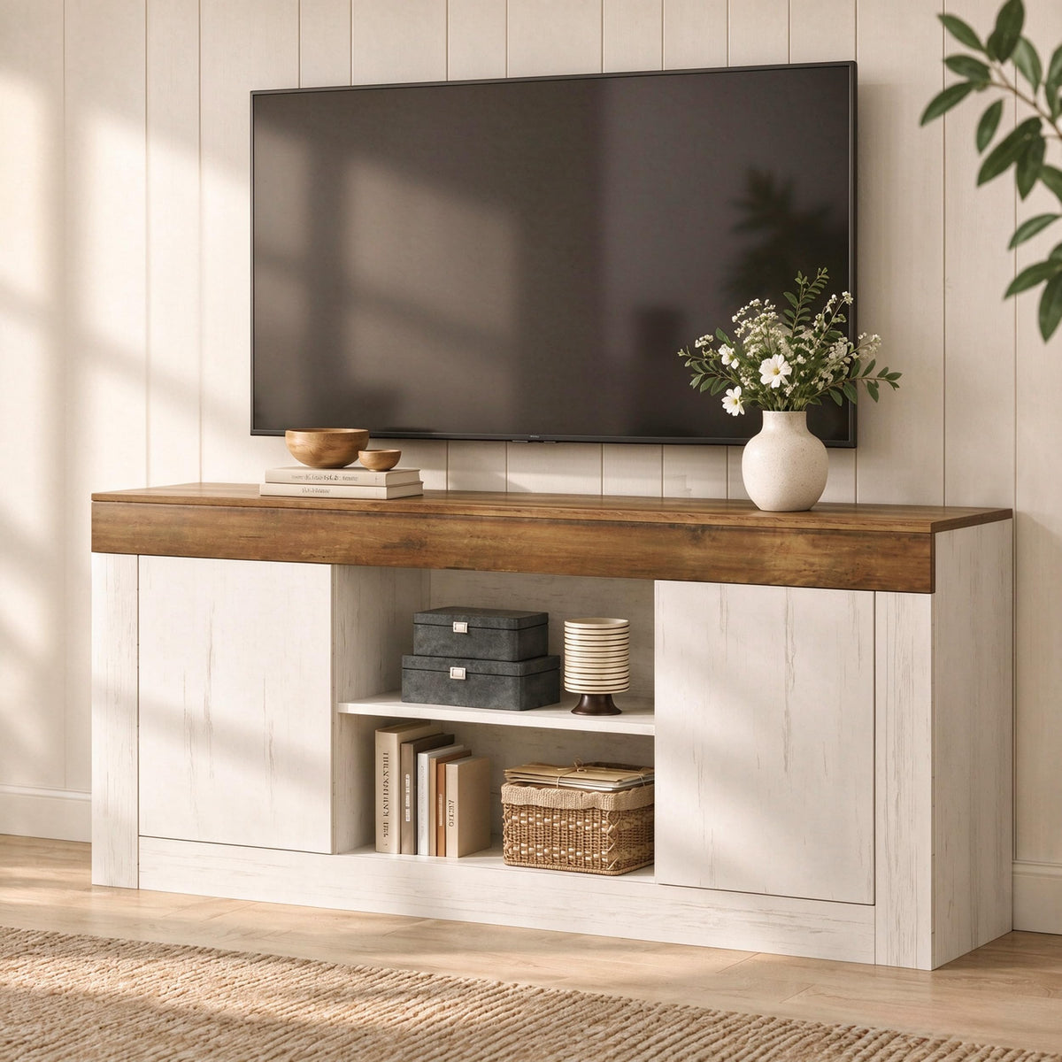 JUSTOGO Farmhouse TV Stand for 65 Inch TV, Entertainment Center