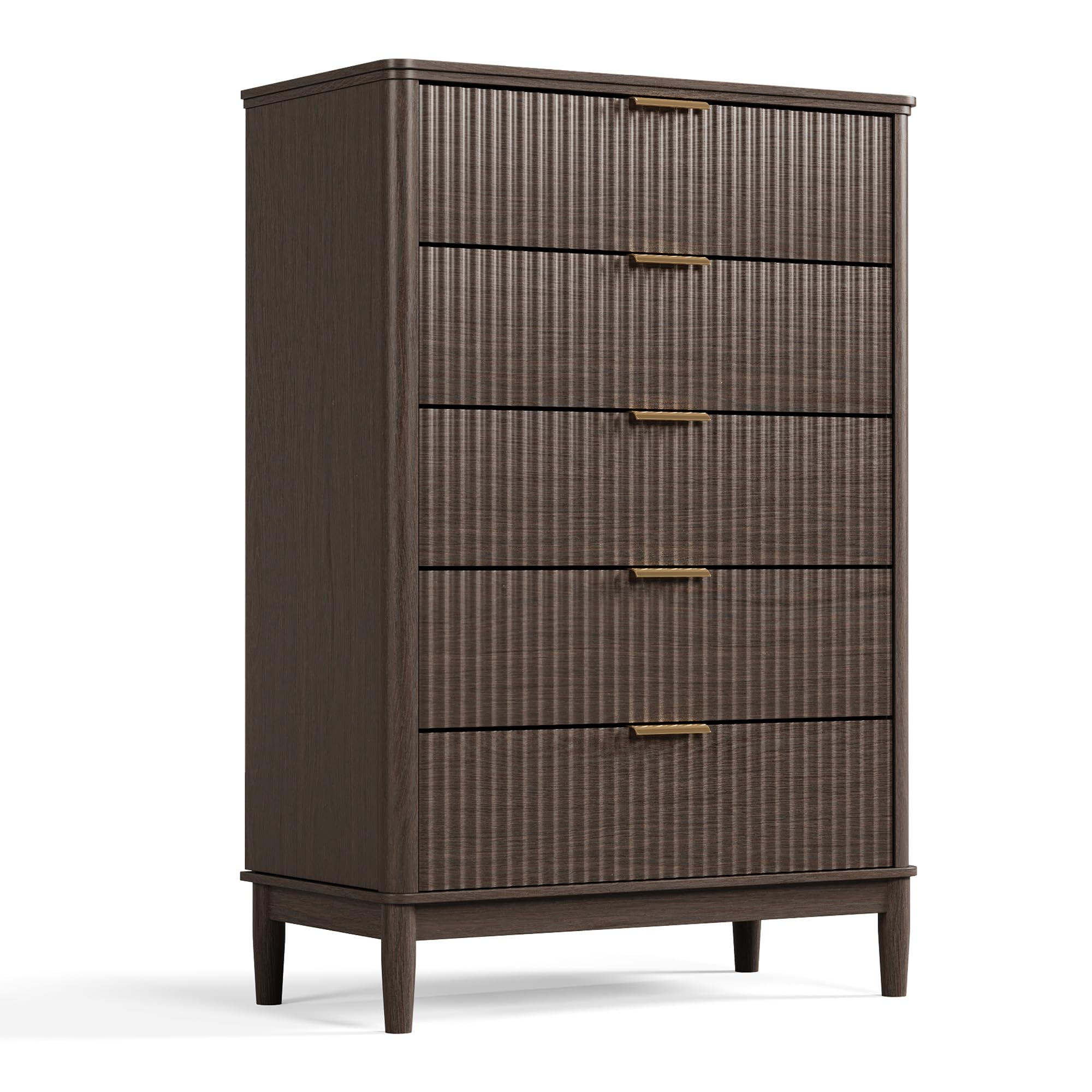 LINSY HOME Fluted Dresser for Bedroom with 5 Drawers, 46" Tall Mid Century Modern Dressers, Wide Boho Chest of Drawer, Large Wood Accent Storage Cabinet for Living Room, Curved Profile Design, Walnut