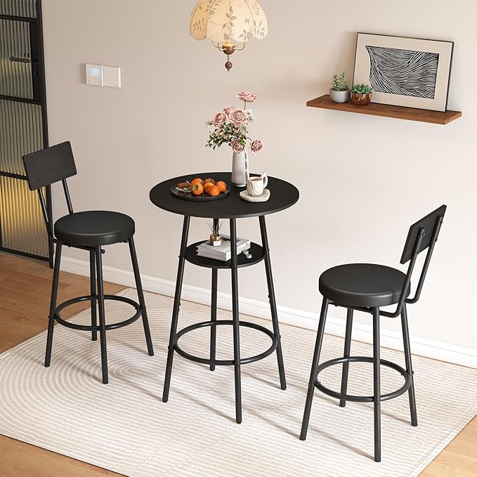 Round Bar Table & 2 Stools Set with Storage