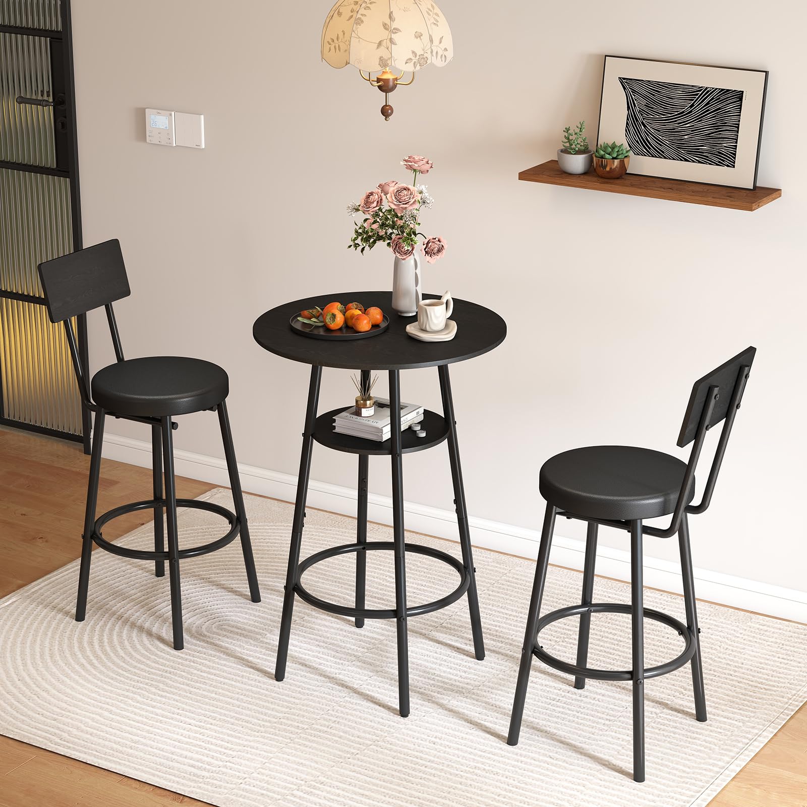 Round Bar Table & 2 Stools Set with Storage
