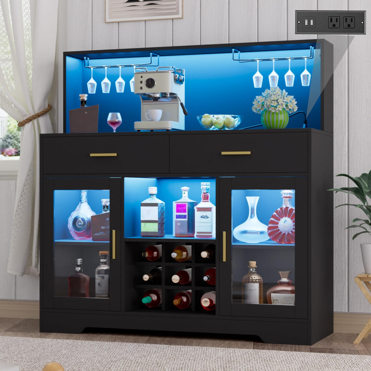 Black Wine Bar Cabinet with LED Lights