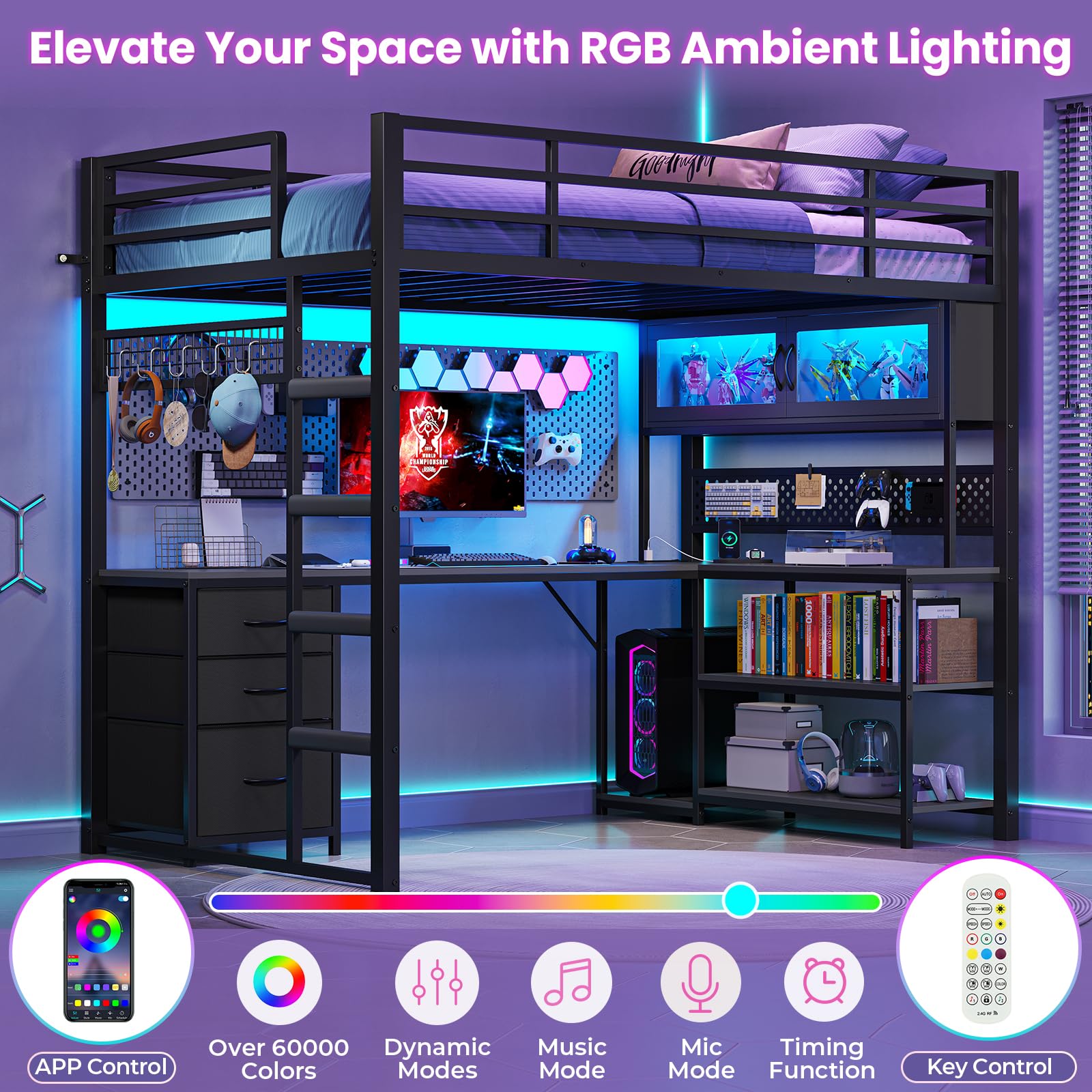 Twin Loft Bed with L-Shaped Gaming Desk & Storage