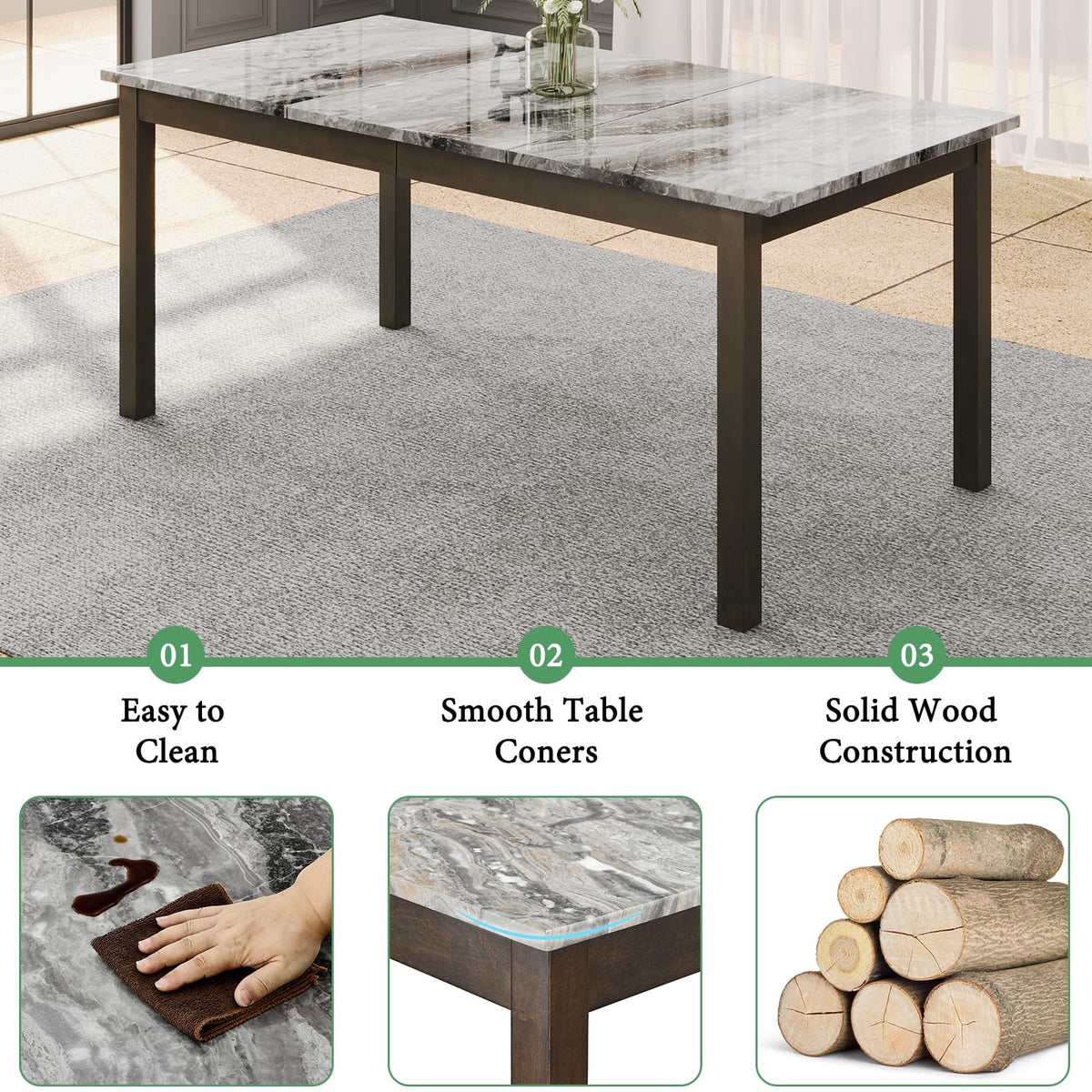 AMERLIFE 7-Piece Dining Table Set with Chairs, Faux Marble Table, Brown