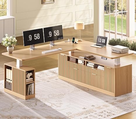L-Shaped Electric Standing Desk 69" x 55" with Drawers & Power Outlet