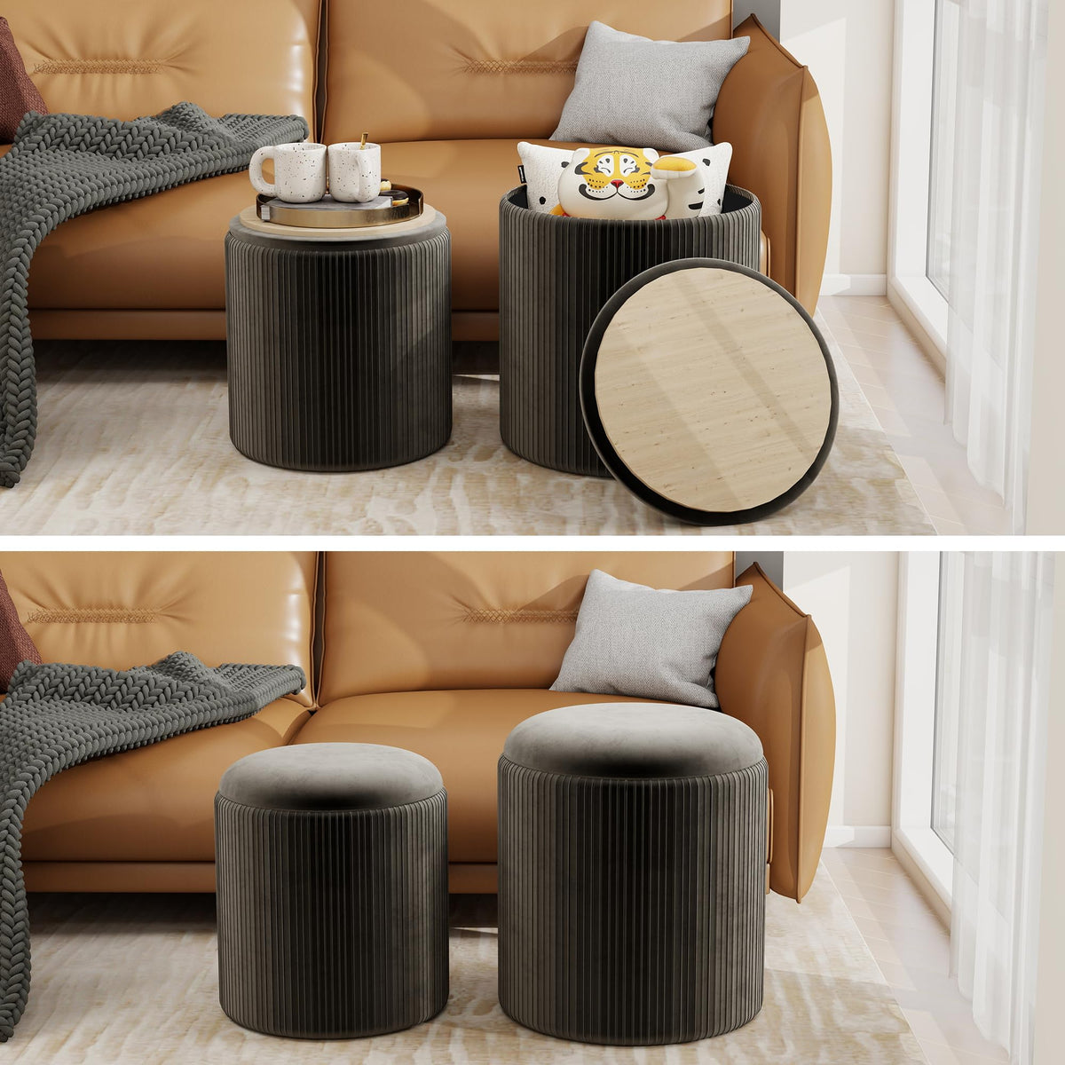 Black Velvet Storage Ottoman Set